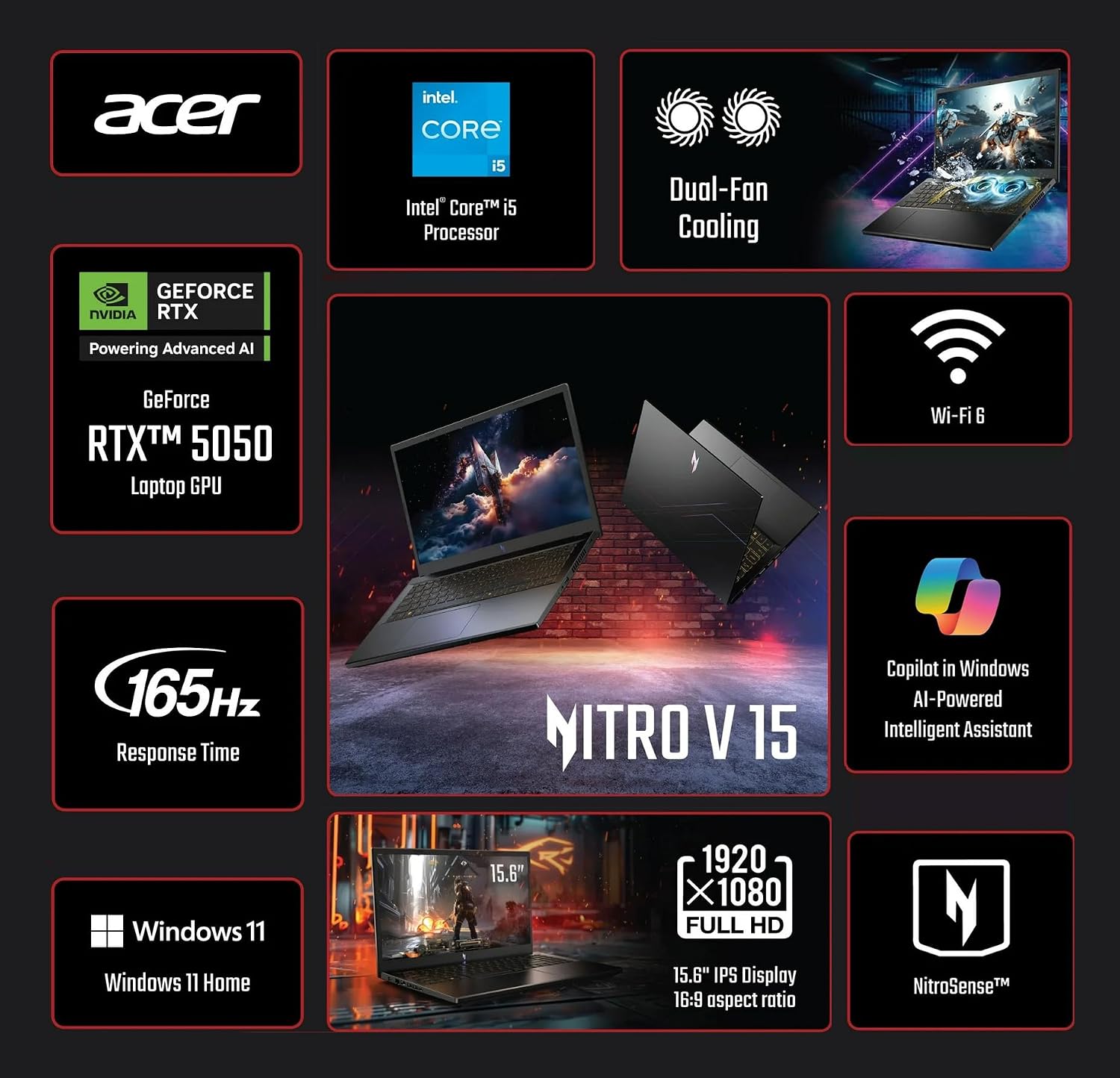 Acer Nitro V 15.6' FHD IPS 165Hz Gaming Laptop, Intel Core i5-13420H, NVIDIA GeForce RTX 5050 with 8GB GDDR7 VRAM, Win11H, w/Mouse pad (32GB RAM, 1TB PCIe SSD)