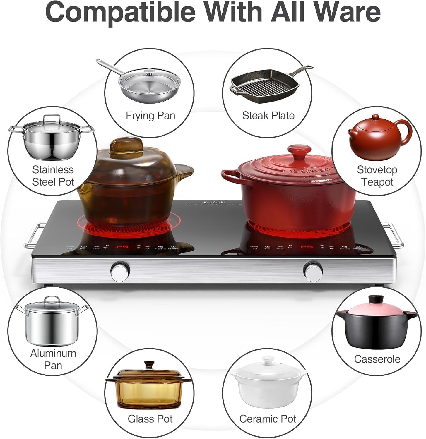 VBGK Electric Cooktop,110V 2400W Electric Stove Top with Knob Control,9 Power Levels, Kids Lock & Timer,LED touch control,Overheat Protection Electric stove,24 Inch desktop 2 burner