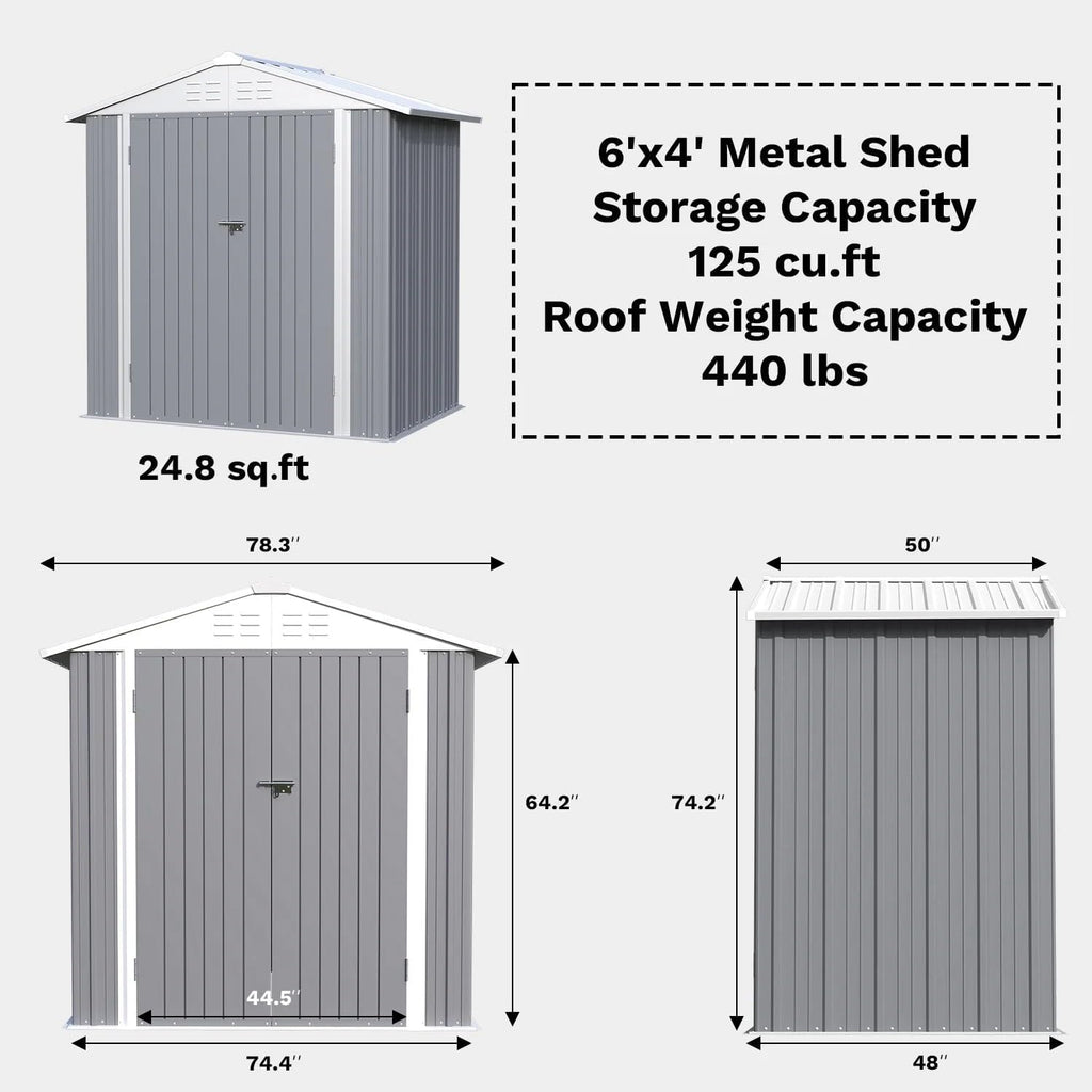 Greesum 6×4FT Outdoor Storage Shed, Metal Patio Storaged Sheds with Lockable Doors, Sheds & Outdoor Storage for Bike, Backyard, Pool and Garden, Gray