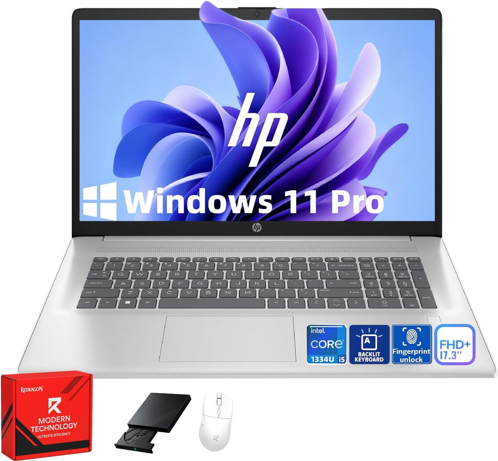 HP 17t Laptop Computer, 17.3' FHD(1920×1080), Intel 10-Core i5-1334U, Backlit KB, Fingerprint, Win 11 Pro Laptop for Business & Students, Redragon Patent Kit(External Optical Drive), 16GB RAM, 1TB SSD