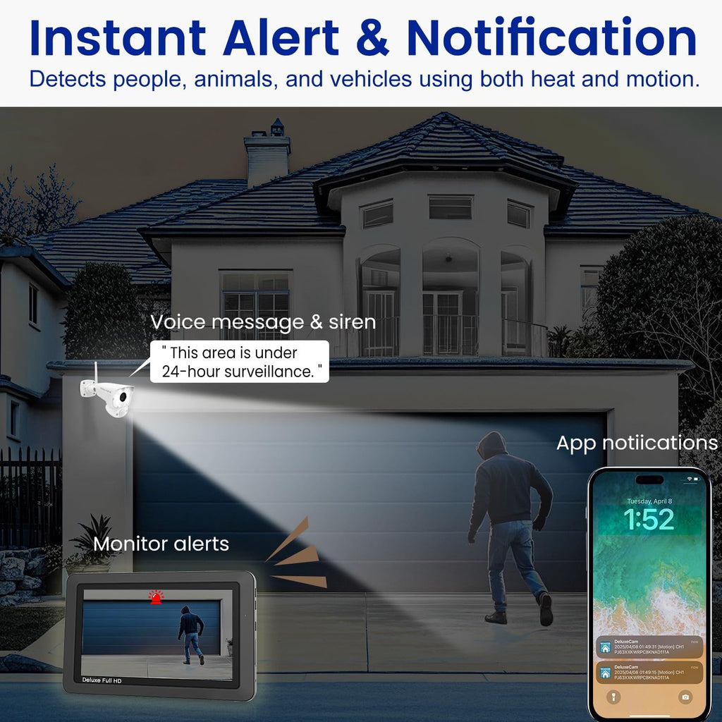 CasaCam Deluxe Wireless Security Camera System | 2 1080p Floodlight Cameras and one 7' Touchscreen Monitor | AC Powered, Two-Way Audio, Free APP, 32GB SD Card and Battery Installed, Model VS5002