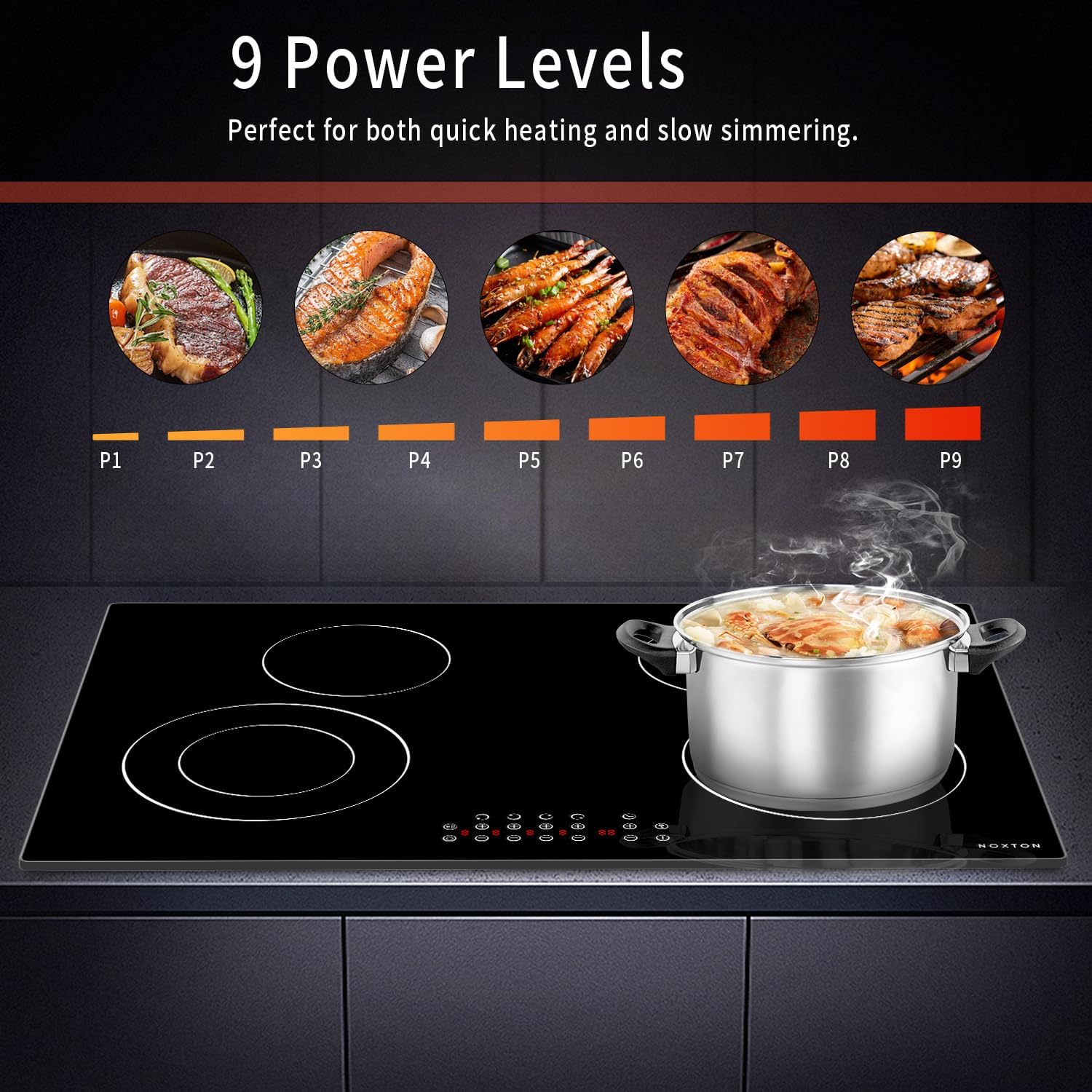 Noxton 30 Inch Electric Cooktop 4 Burners, Built in Electric stove top, Sensor Touch Ceramic Cooktop, Expandable Burners, Pause, Safety Lock, Timer, 7100W 220~240V (No Plug)