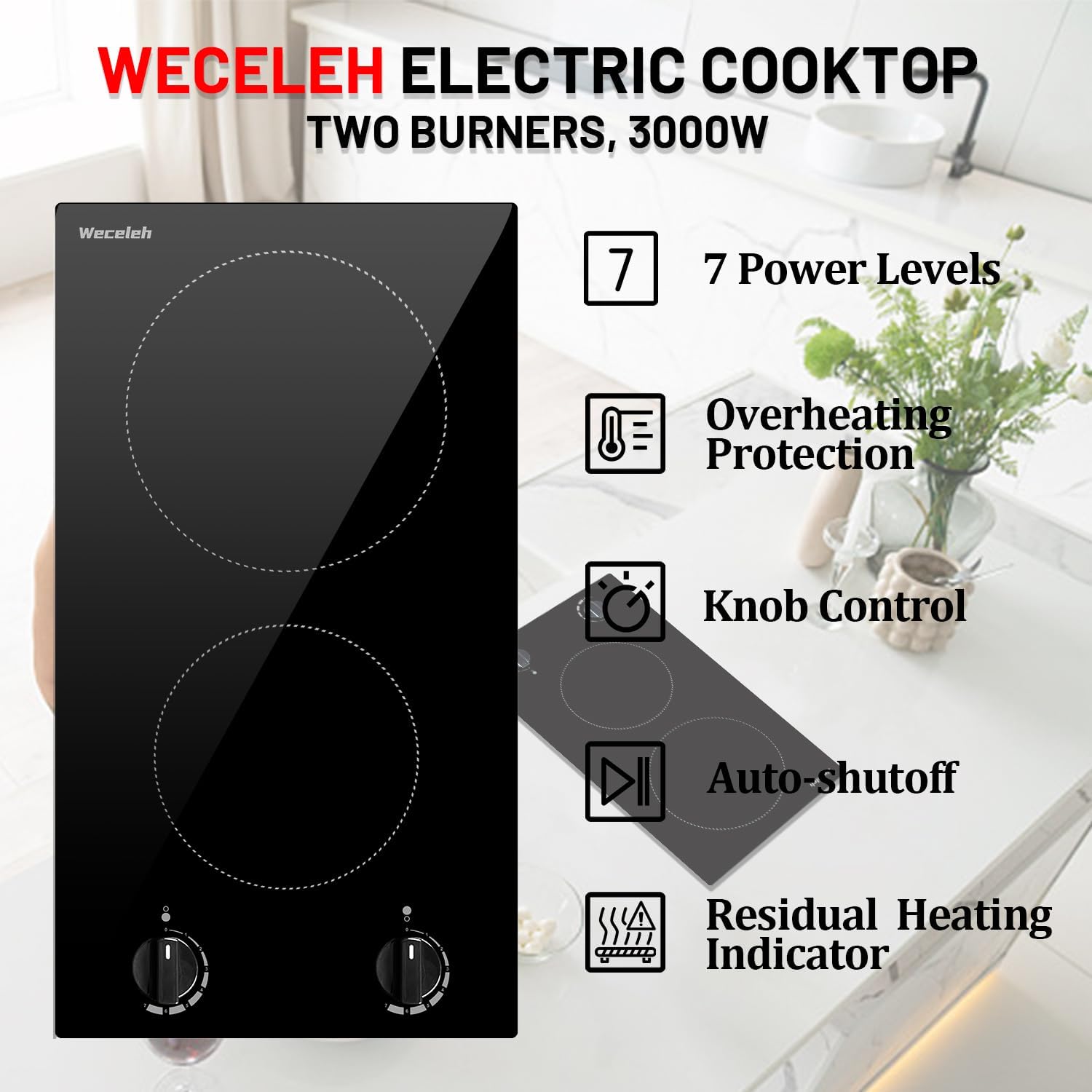 2 burner Electric Cooktop, 12 Inch Built-in Electric Stove Top 3000W, Radiant Ceramic cooktop 220-240V Hard Wire(No Plug), Child Safety Lock, Timer, Knob Control