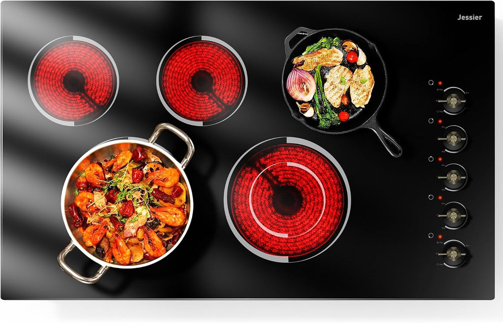 Electric Cooktop 36 Inch - Drop-in(34.25'x19.3') 5 Burner Electric Stove Top 8400W High Power, 36' Ceramic Cooktop Stove with Knob Touch, Dual Ring, Overheat Protection, 220-240V Hard Wired