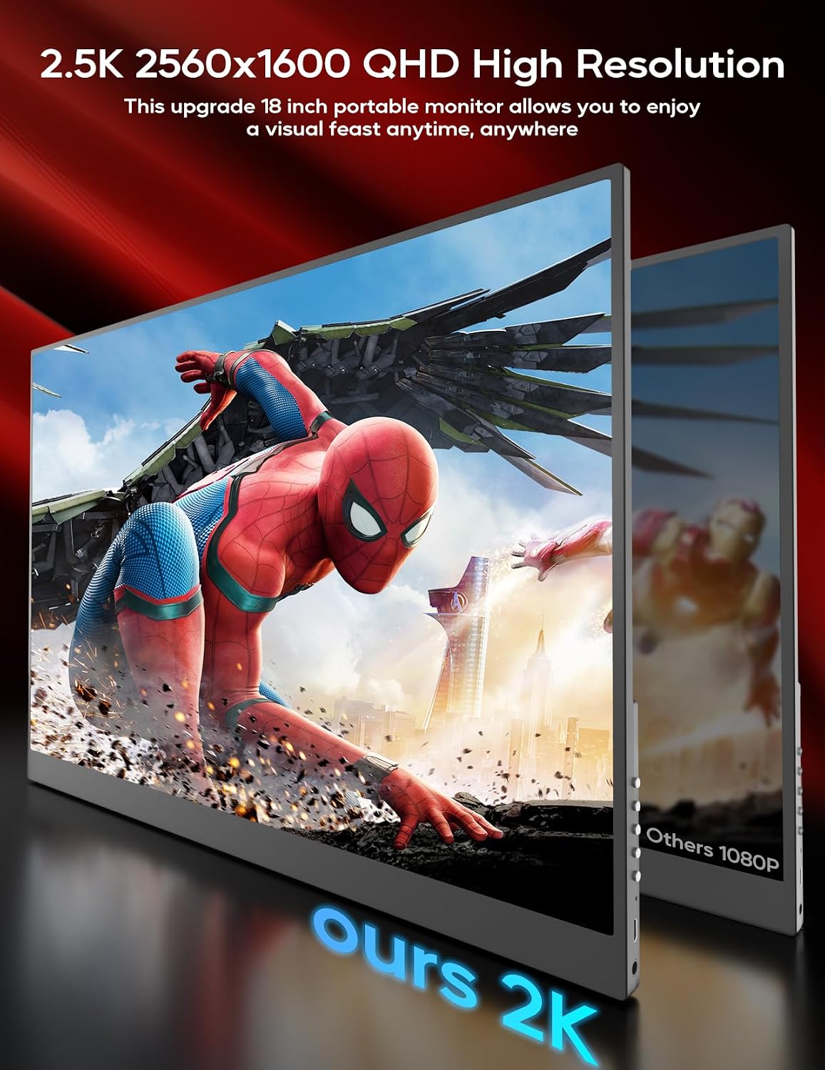 2.5K 144Hz Portable Monitor 18' 2560x1600 Portable Gaming Monitor 100% sRGB FreeSync HDR Laptop Monitor w/VESA & Case, 16: 10 Wide Screen IPS External Monitors for Mac Switch Xbox PS4/5