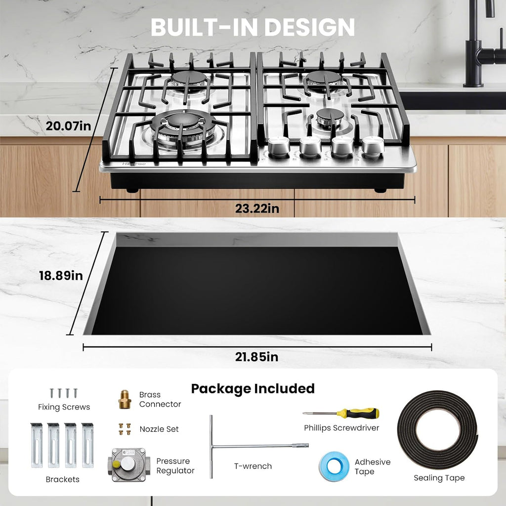 24 inch Gas Cooktop, Bulit-in 4 Burners Gas Stove Stainless Steel Stove Top with Thermocouple Protection, LPG/NG Convertible Propane Cooktops