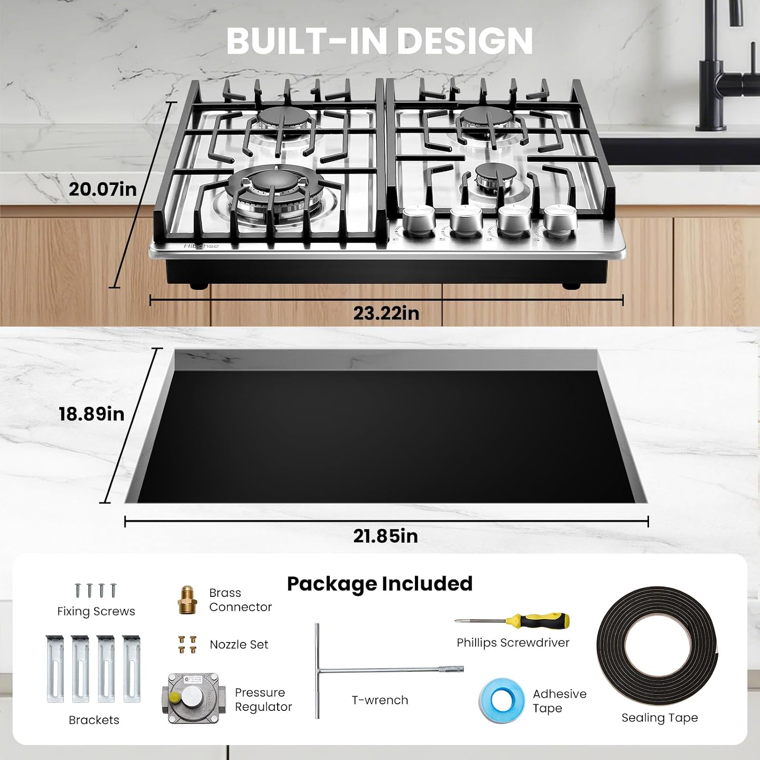 24 inch Gas Cooktop, Bulit-in 4 Burners Gas Stove Stainless Steel Stove Top with Thermocouple Protection, LPG/NG Convertible Propane Cooktops