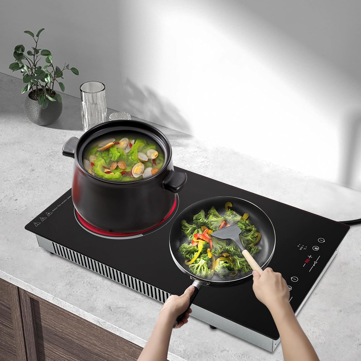 Electric Ceramic Cooktop 110V Built-in Electric Stove Top Induction Radiant Cooktop Sensor Touch Control 2/3/4 Burners 9 Power Levels, 120 Min Timer for Home All Cookware (2 Burners)