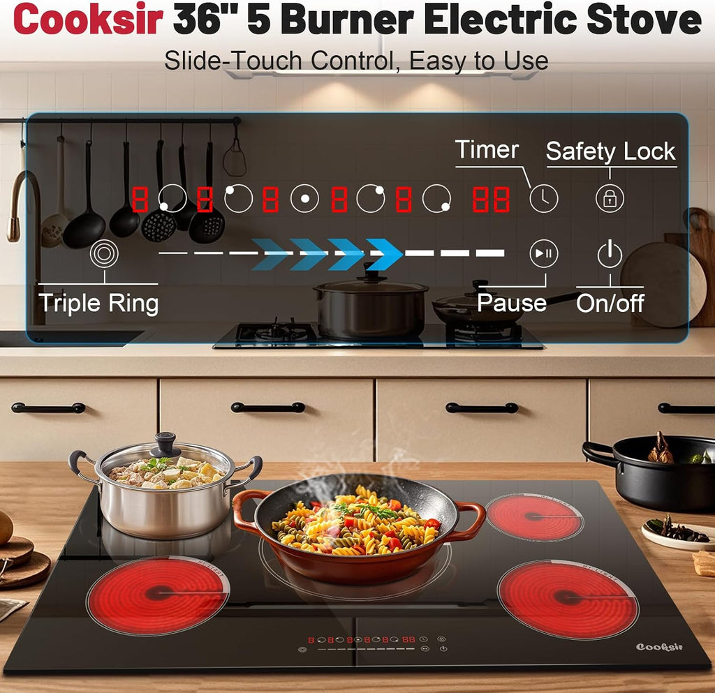 36 Inch Electric Cooktop - Built-in(34.25'x19.3') 36 Inch Electrical Stove 240V, 9200W Five Burner Ceramic Cooktop, Slide-Touch Control, Timer, Safety Lock, Electric Stovetop, 220V Hard Wired