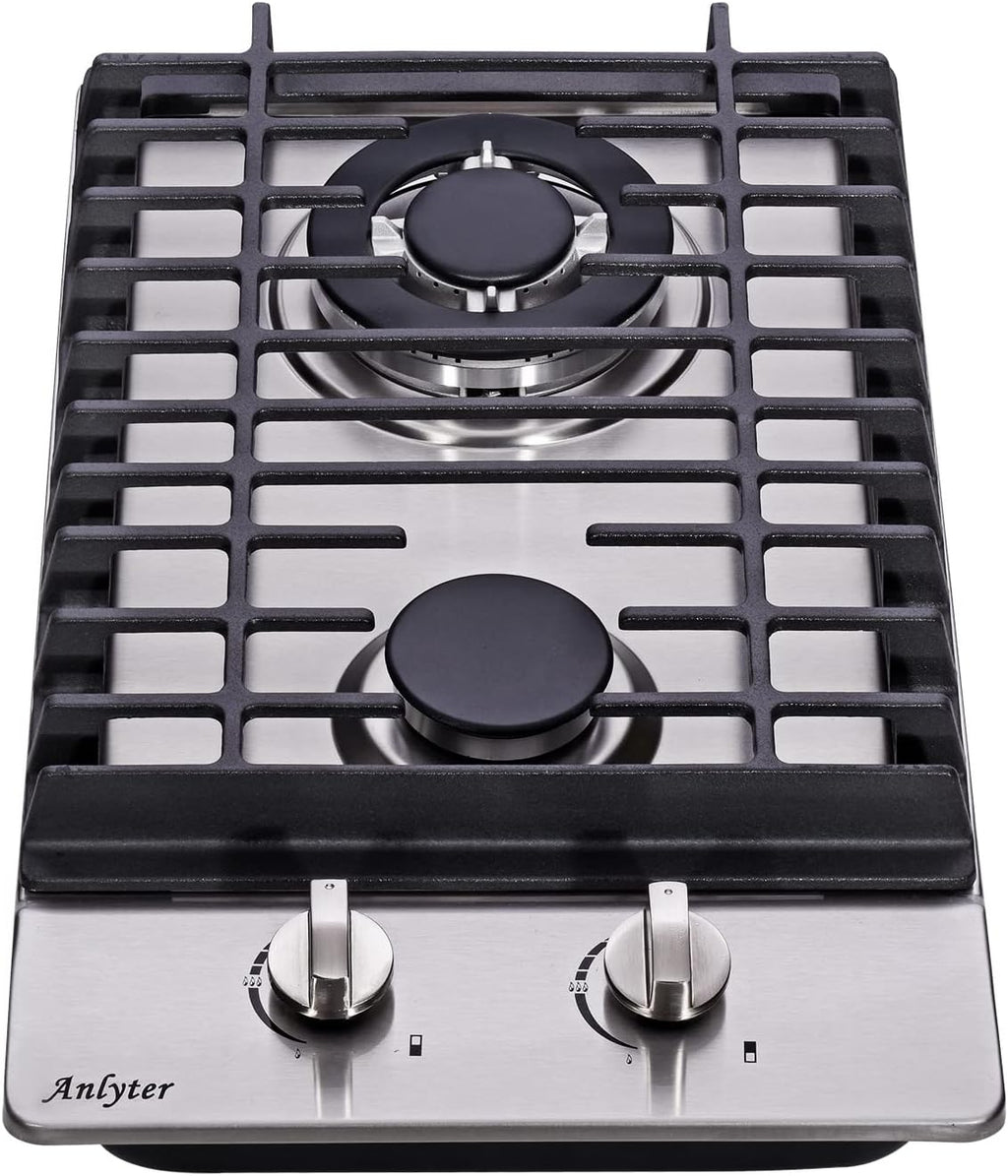 12 Inch Gas Cooktop, 2 Burners Built-in Gas Stovetop Stainless Steel Gas Stove Top LPG/NG Convertible Dual Fuel Sealed Gas Hob