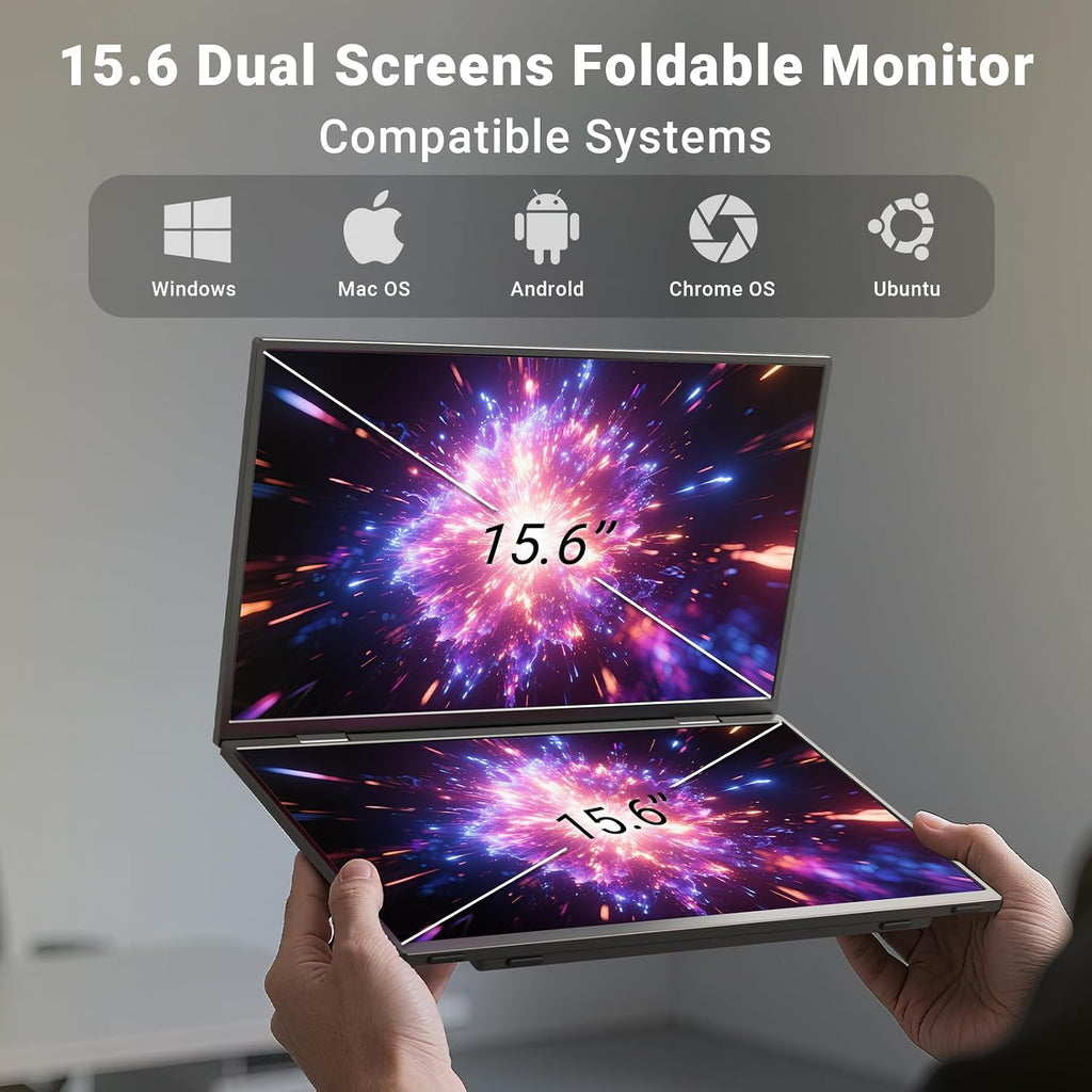 MINIX SF15 FOLD Dual 15.6' Foldable Portable Monitor, 1080P FHD, 300 nits, 100W PD, Low Blue Light, Recyclable Metal, Type-C & HDMI for Laptops, Study, Creative Projects, Office Collaboration