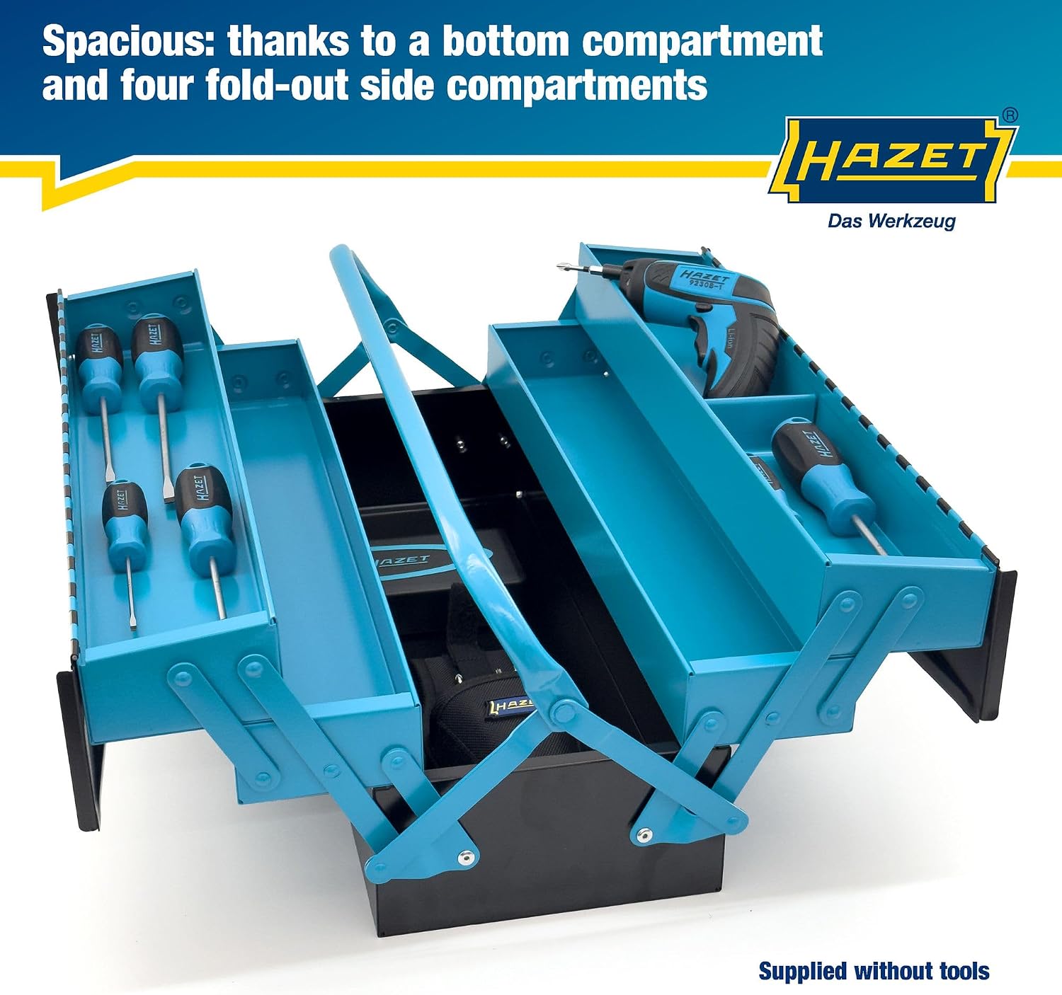 HAZET Metal Tool Box 190L | Empty | With Spacious Bottom Compartment and 4 Fold-Out Side Compartments | For Tidy Storage of Tools, Etc.