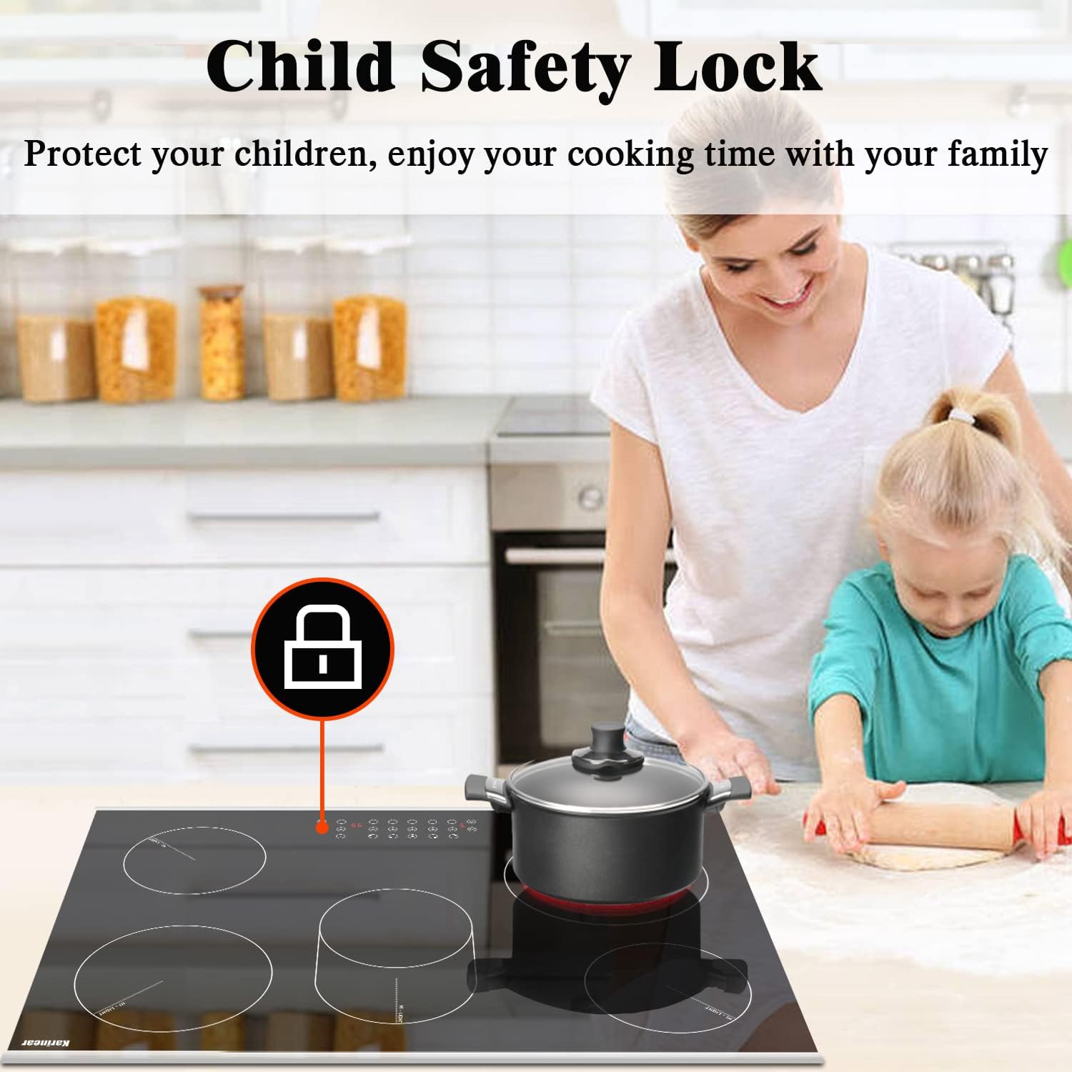 Karinear 30 Inch Electric Cooktop 30 Inch 5 Burners Electric Stove Ceramic Cooktop, Drop-in Radiant Stovetop with Front and Back Metal Frame, Lock, Timer, 8400W, 220-240V, Hard Wire, No Plug
