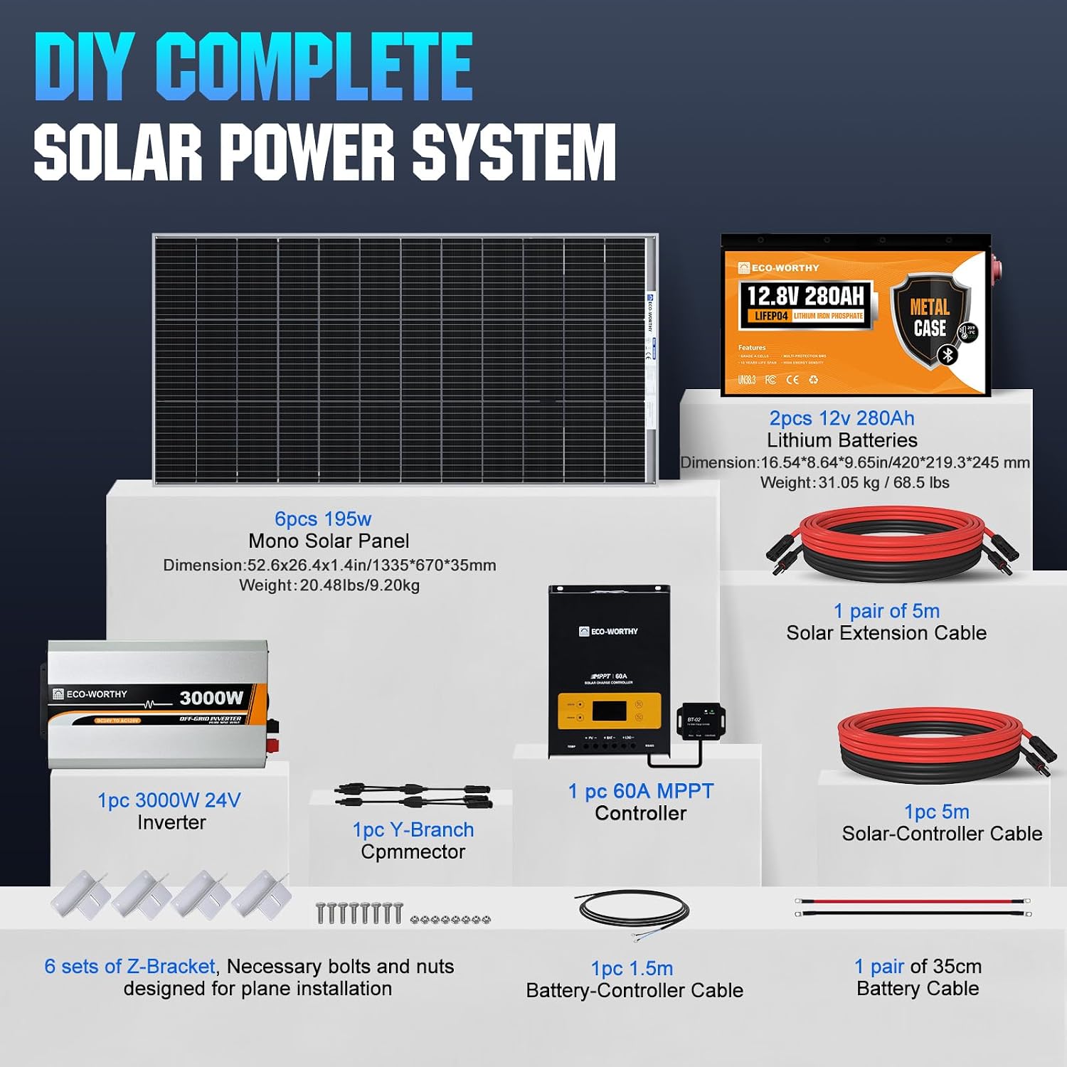 [Ultra] ECO-WORTHY 1200W 24V 5.52KWH Lithium Battery Solar System Off Grid:6pcs 195W Solar Panels+2Pcs 12.8V 280Ah Lithium Battery+60A MPPT Charge Controller+3000W Pure Sine Wave Inverter