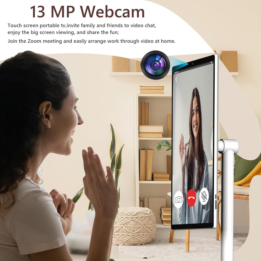 OFD 21.5 Inch 2nd Gen Portable TV on Wheels 1080P,100%sRGB,6+128GB Storage,Android 15 OS Touchscreen RollingTV with 13MP Webcam,Remote Control,Wireless Projection,6000 mAh Battery,EDLA-Certified,White
