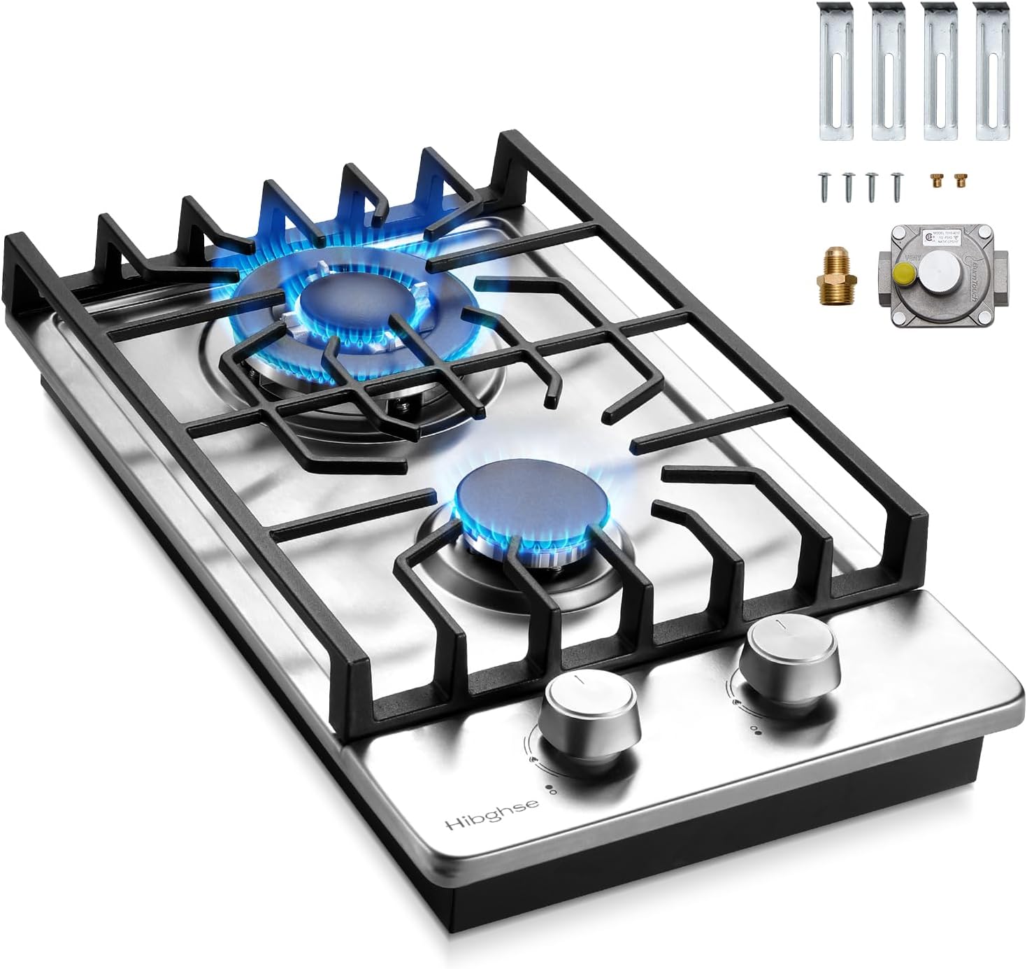 2 Burner Propane Stove, Hibghse 12 Inch Gas Cooktop Built-in Gas Stove NG/LPG Convertible Stainless Steel Stove Burner with Thermocouple Protection for Kitchen, Apartment, Outdoor, RVs