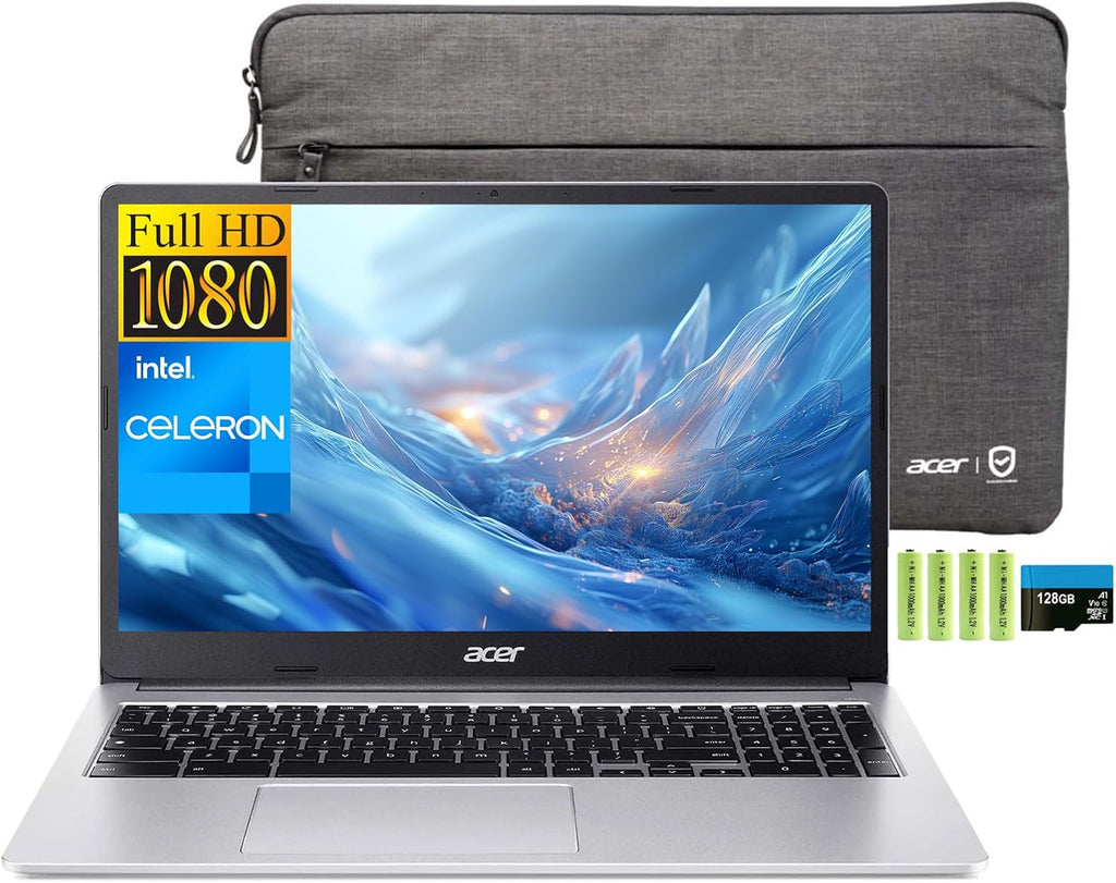 acer Chromebook 315 15.6' FHD Laptop Computer, Dual Core Intel Celeron N4500, 4GB RAM 192GB Storage (64GB eMMC+128GB SD Card), 10+ Hrs, Numeric Keypad, Wi-Fi 6, Type-C, Chrome OS, Silver, w/Battery