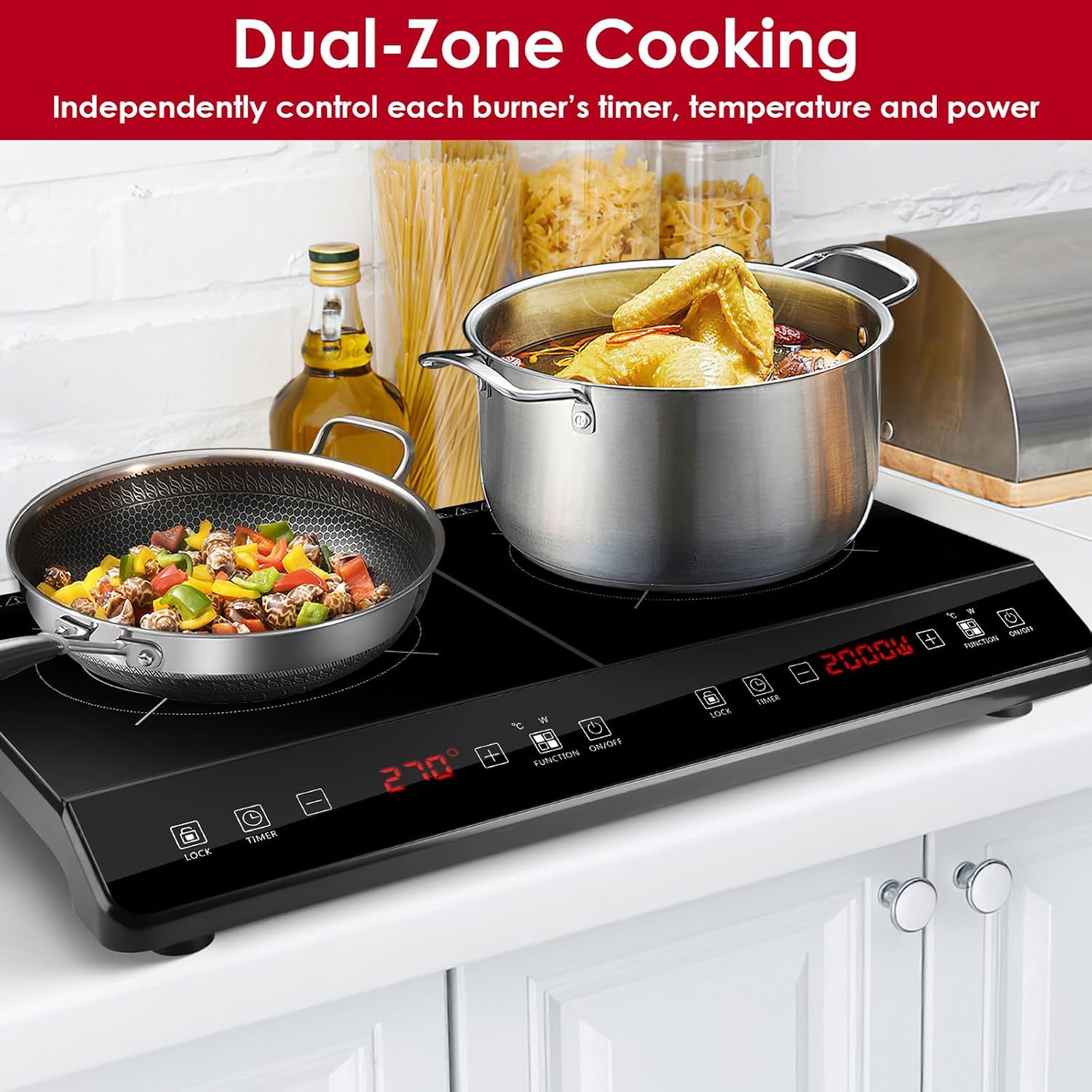 Double Induction Cooktop, 4000W Hot Plate Electric Stove for Countertop Portable 2 Burner Induction Cooktop with 9 Levels Settings, Child Safety Lock & Timer