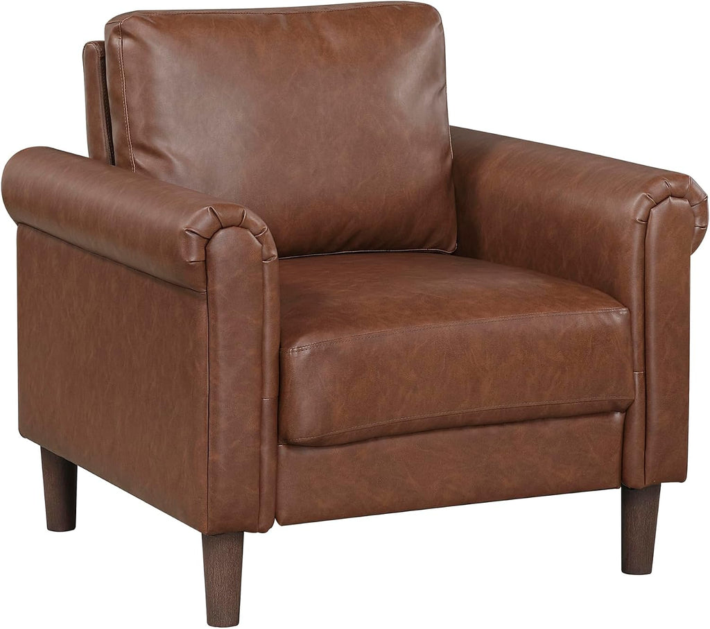 Lexicon 35' W Living Room Accent Chair, Faux Leather Upholstered Armchair with Rolled Arms & Wood-Look Feet, Traditional Single Sofa Chair for Living Room, Bedroom or Office - Chocolate