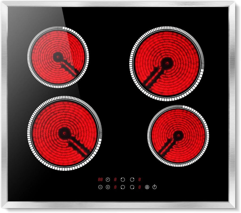 24 Inch Electric Cooktop 4 Burner Electric Stove, 6000W Built in Ceramic Stovetop with Touch Control 24', Timer, Child Lock, 9 Heating Level, 220-240v, Hard Wire(No Plug)