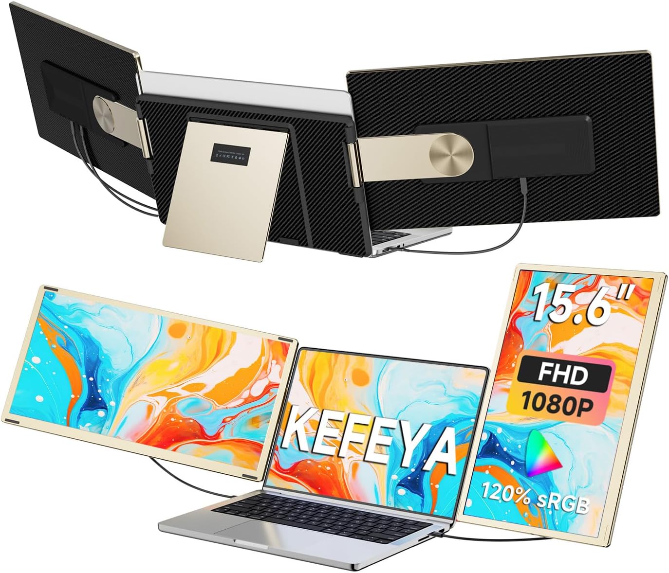 KEFEYA Laptop Screen Extender 15.6', FHD 1080P Portable Triple Monitor for Laptops 13-17.3', 120% sRGB 235° Rotation Detachable Laptop Monitor Extender for Windows/Mac/Dex/Chrome/Surface, Plug n Play