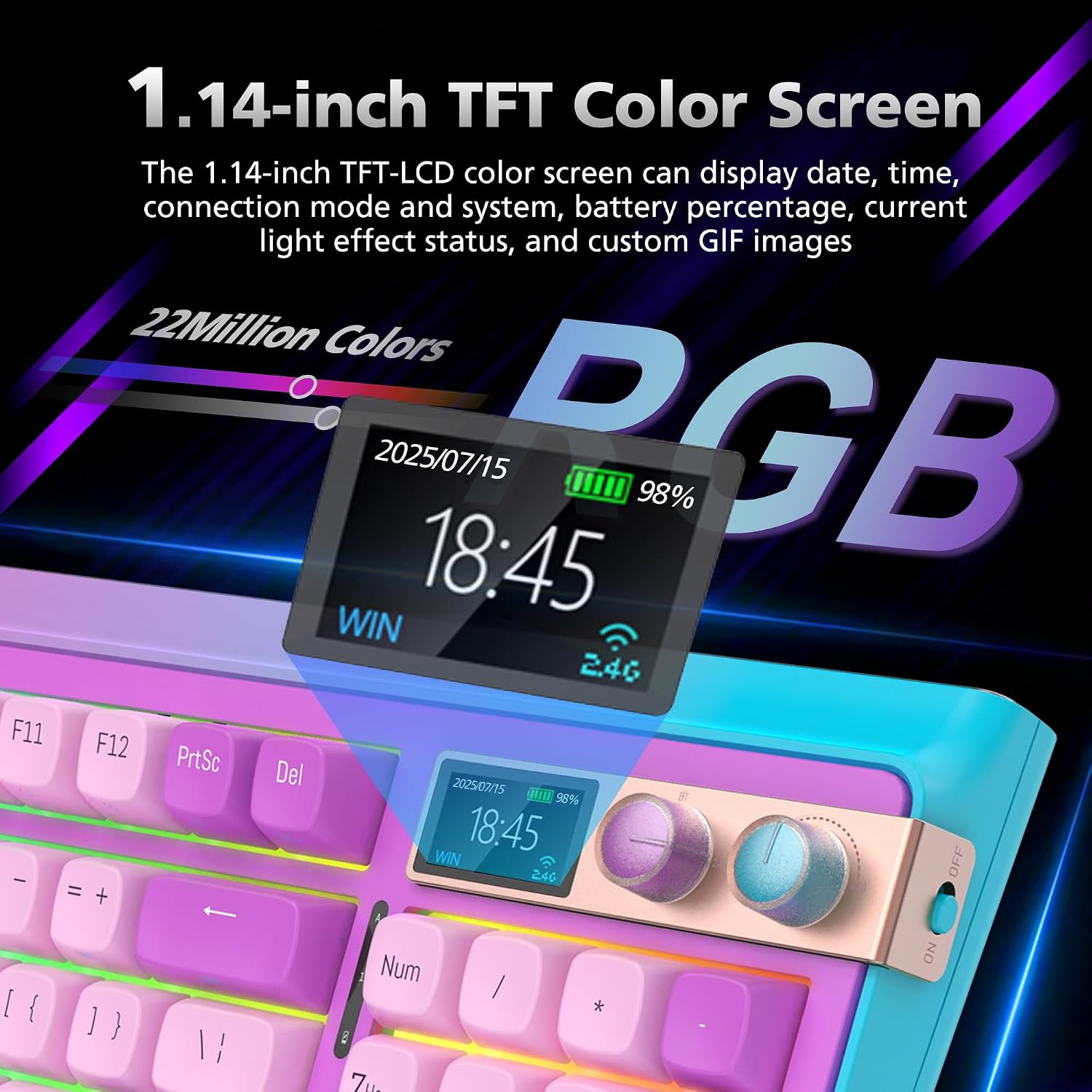H98 Wireless Mechanical Keyboard,96-Key Hot-Swappable Wired Gaming Keyboard,Tri-Mode Bluetooth 5.0 2.4G USB-C,1.14' Color Screen,Double Knob,6000mAh,RGB,PBT Keycaps for PC Mac iPad-Purple