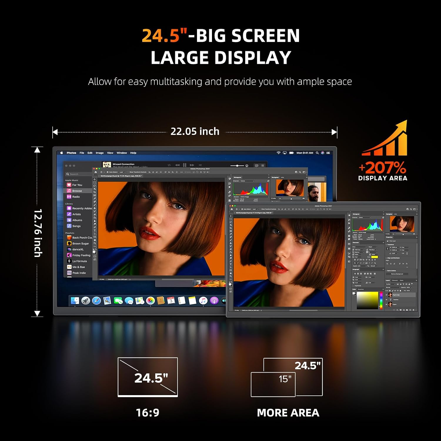 UPERFECT 24.5' Portable Monitor 240Hz Gaming Monitor 2000:1 Contrast FreeSync 0.1ms Fast IPS Large Screen, Built-in 180° Adjustable Stand/VESA, USB-C HDMI Second Screen for Laptop, Phone, Game Console