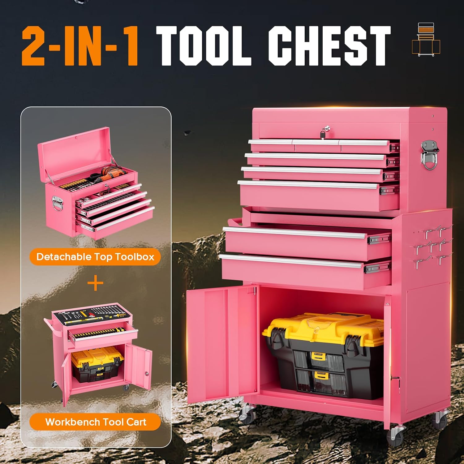 8-Drawer Rolling Tool Chest - Heavy-Duty Steel Tool Cabinet with Detachable Top Box, Locking Wheels & Security System for Garage/Workshop, 2-in-1 Design (Pink)