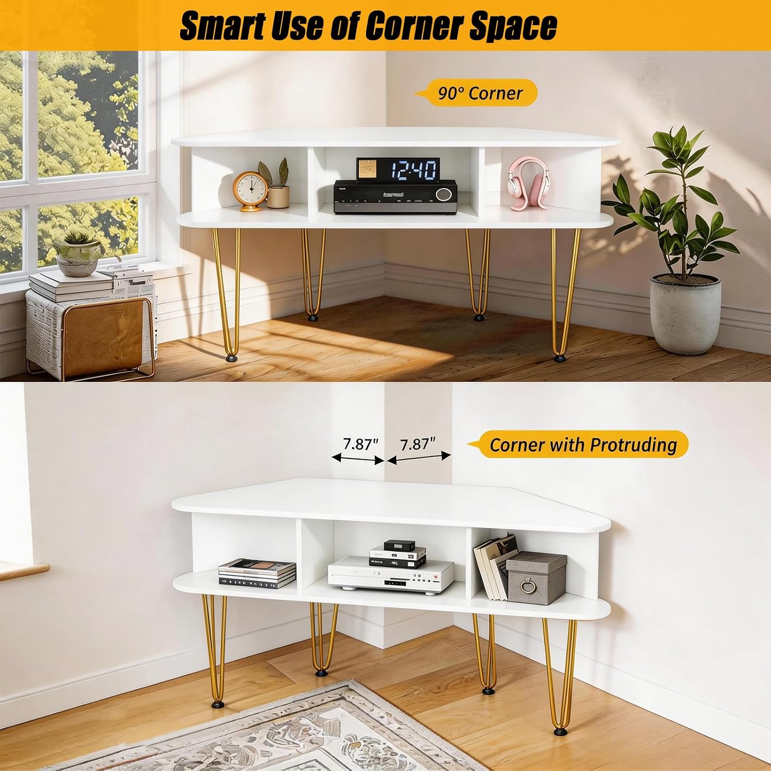 Corner TV Stand for 50 Inch TV, Entertainment Center with Storage Cabinet, Industrial Media Console Table with High Metal Feet and Anti-Slip Pads, TV Stand for Living Room, 50' TV Console, White