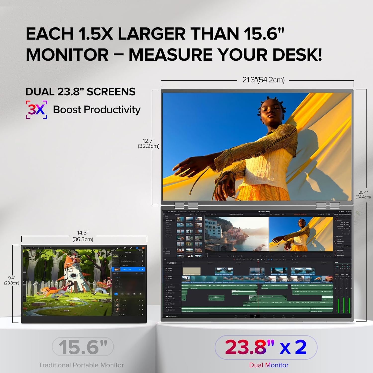UPERFECT Delta 23.8' 100Hz Portable Dual Monitor for Laptop Screen Extender, 1080P HDR 360° Folding Stacked Triple Monitor with Stand & VESA for Laptop PC Phone Game Console (No Driver Needed)