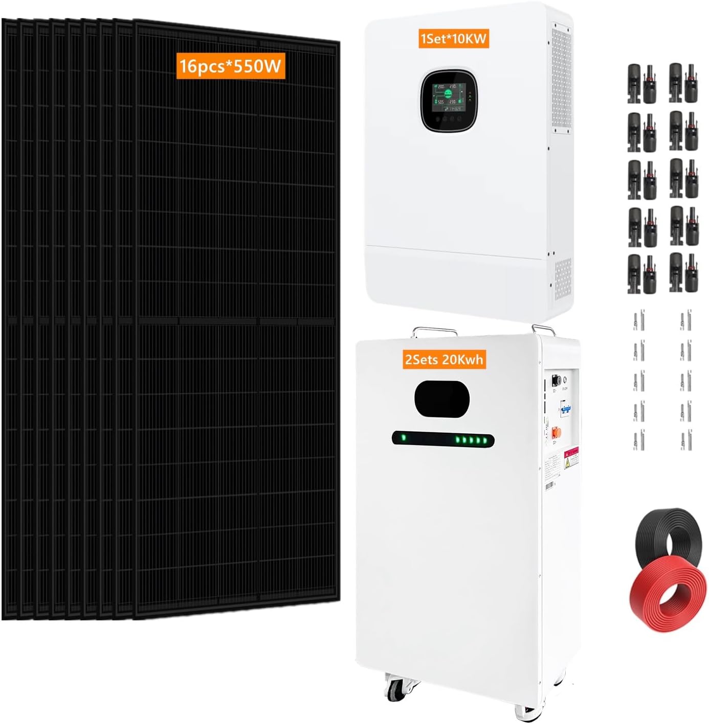 10KW Off Grid Solar System Complete Kit with 16PCS*550W Solar Panels 48V 10KW Off Grid Inverter 2Sets 51.2V LiFeP04 Battery (16pcs*550W+1 * 10KW Inverter+2Sets*20kwh Battery)