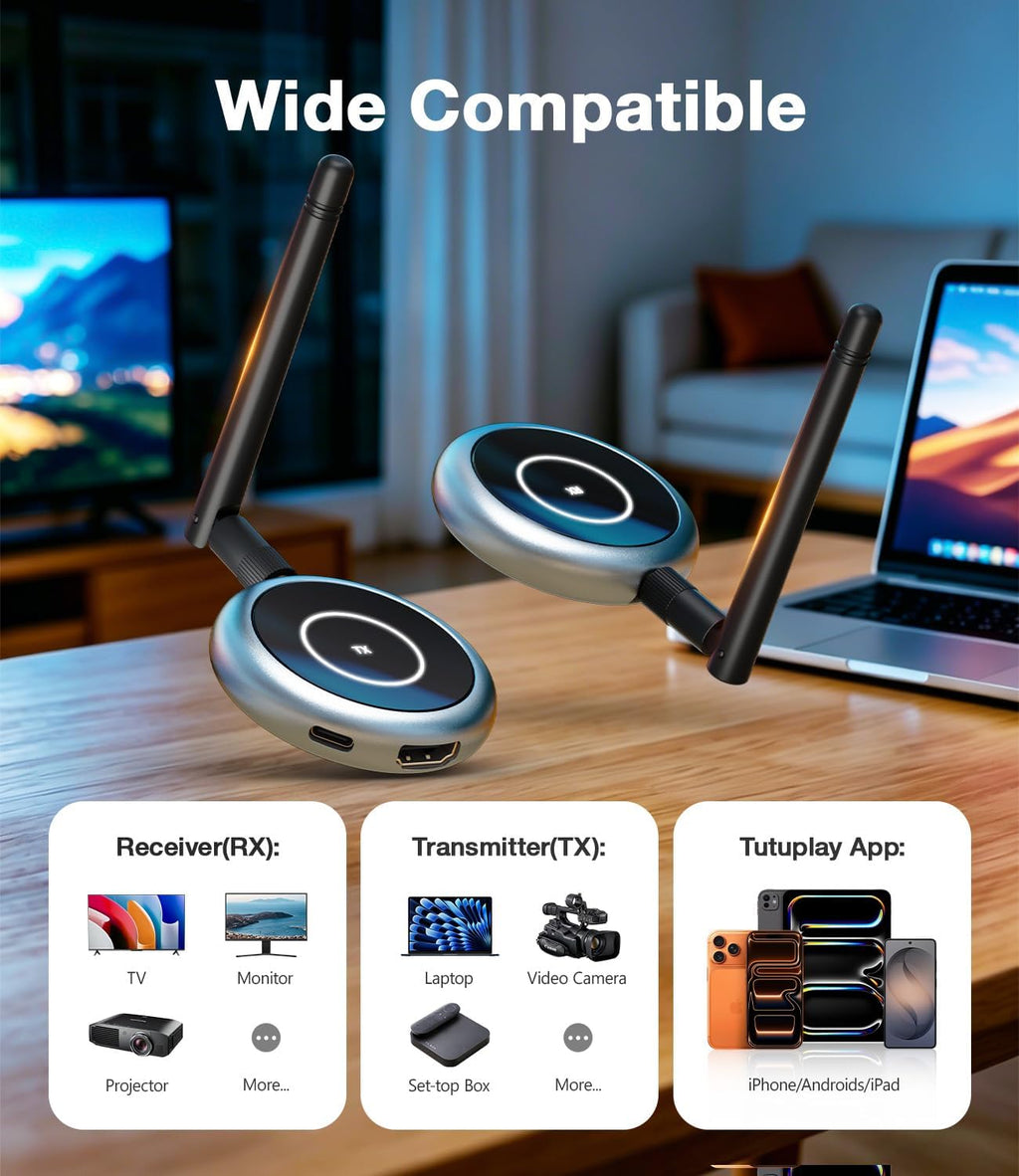 AIMIBO Wireless HDMI Transmitter and 4 Receivers, 5.8G, 4K Decode & 1080P@60Hz, 656FT HDMI Wireless Multiple TVs Extender for Casting Video/Audio from Laptop, Camera, TV Box to Projectors, Monitors