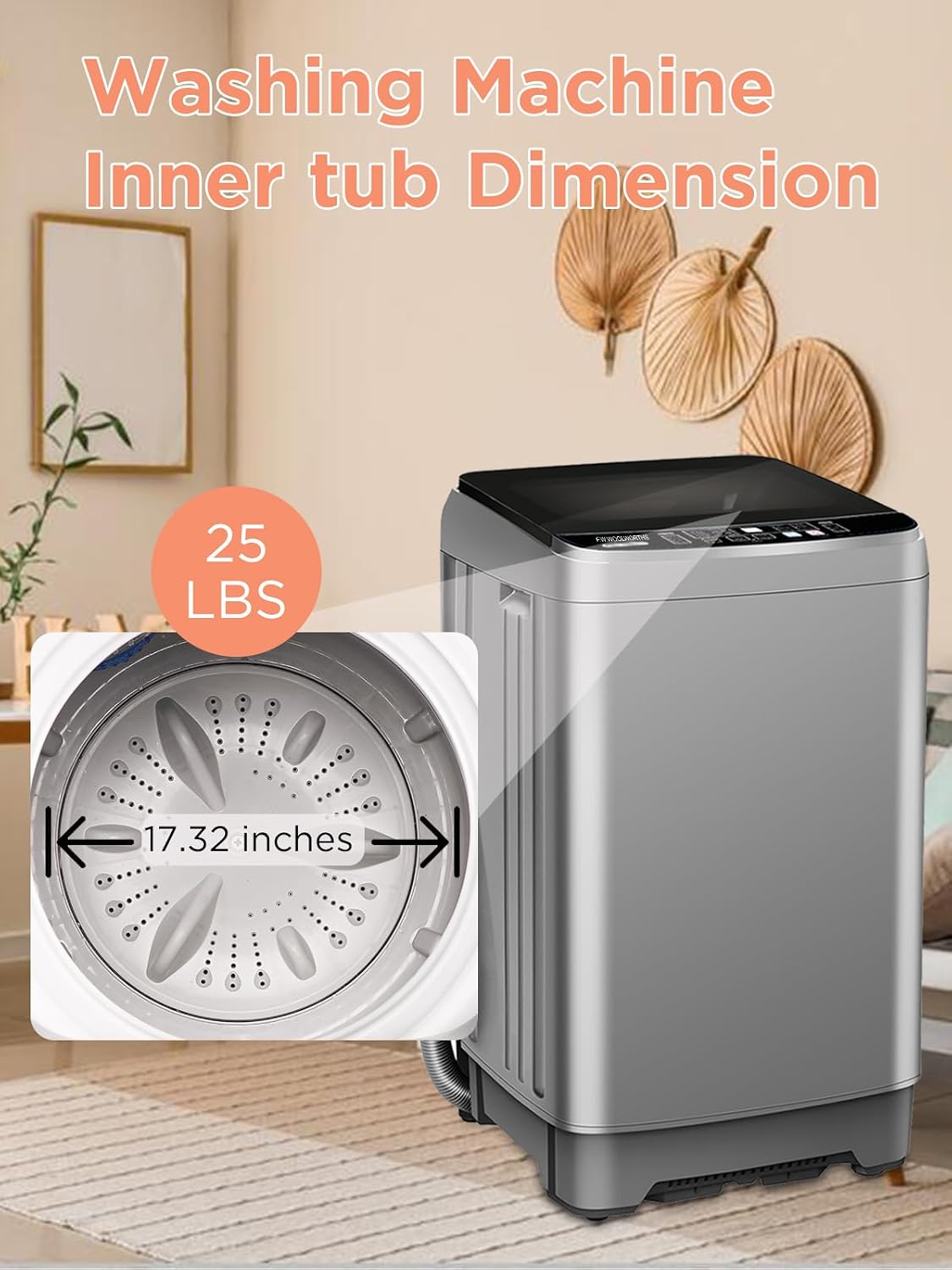 F.W.WOOLWORTHS 25 lbs Washing Machines with 10 Program 8 Water Level, Full Automatic Washer with Drain Pump & LED Display for Home, Apartment, Dorm, Grey