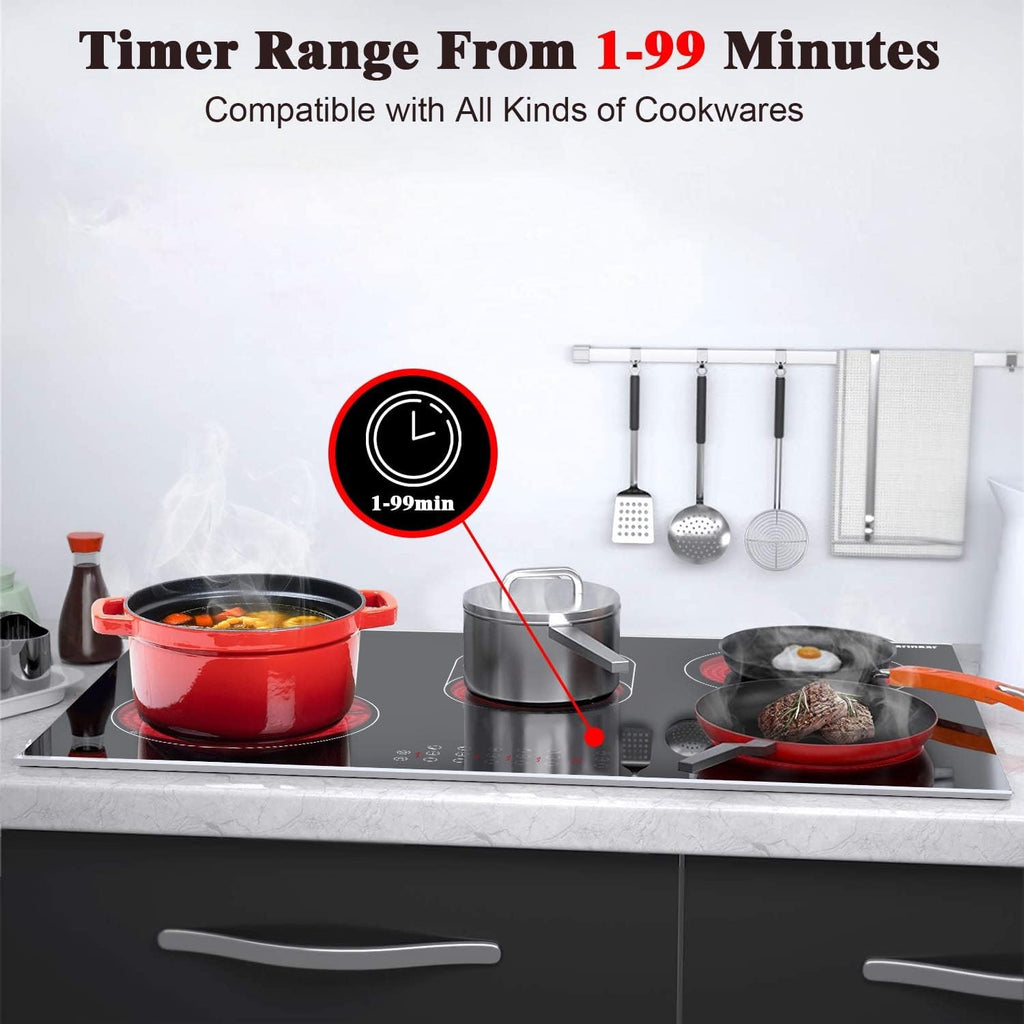 Karinear 30 Inch Electric Cooktop 30 Inch 5 Burners Electric Stove Ceramic Cooktop, Drop-in Radiant Stovetop with Front and Back Metal Frame, Lock, Timer, 8400W, 220-240V, Hard Wire, No Plug