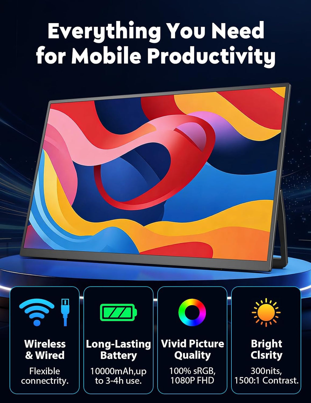 18.5' True Wireless Portable Monitor, 1080P FHD, 10000mAh Battery, Wireless Screen Mirroring (AirPlay/Miracast), Auto Rotation for Phone/Tablet, USB‑C & Mini HDMI, VESA, Protective Sleeve Included