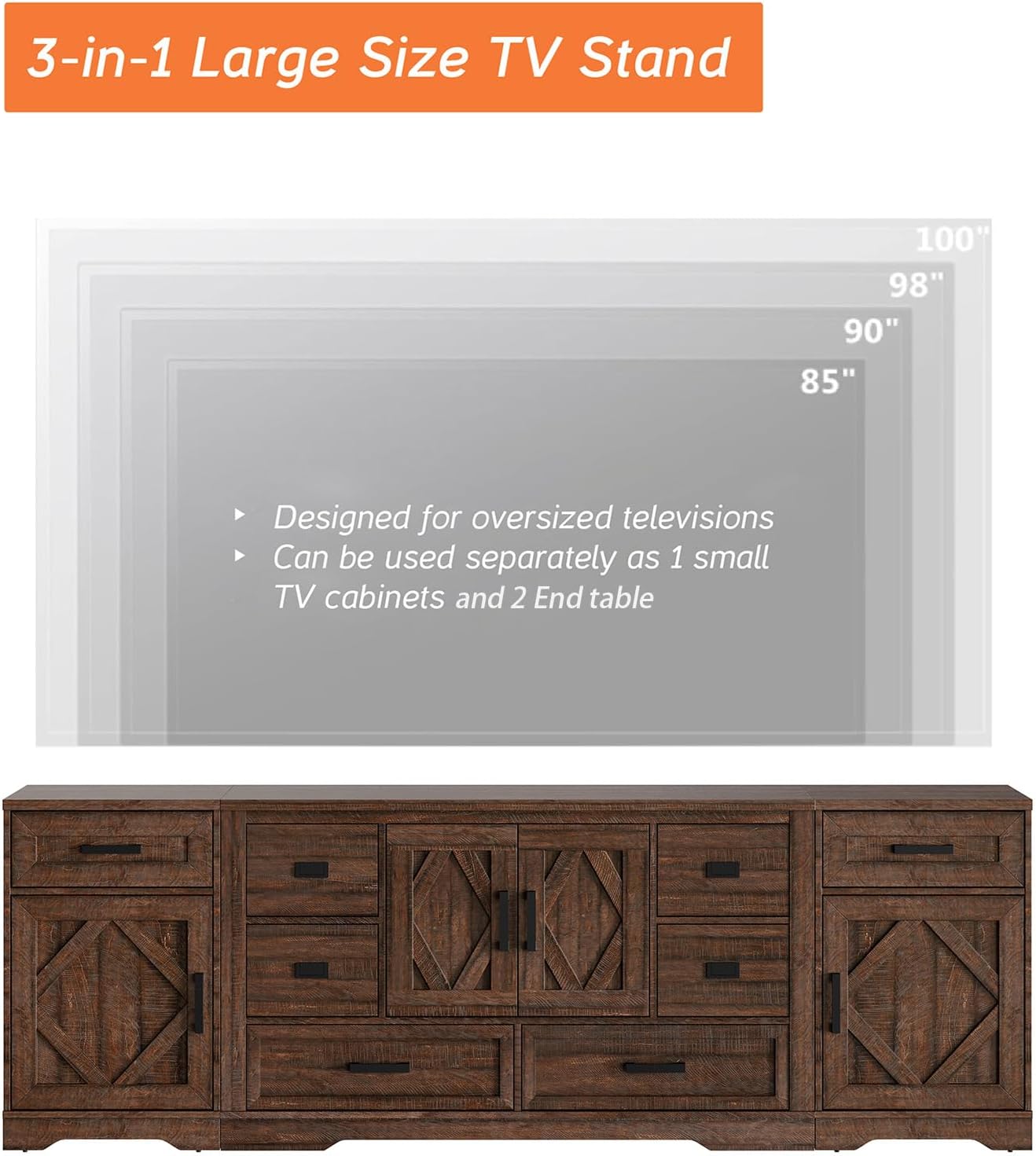 WAMPAT Modern Farmhouse TV Stand for TVs up to 100',3 in 1 Wood Entertainment Center,32' H Tall TV Console Cabinet with Barn Door for Living Room,Bedroom,Rustic Brown
