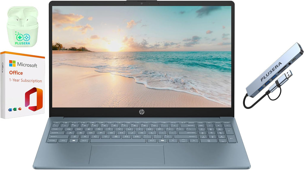 HP 15.6' LED Laptop Computer, 32GB RAM 640GB Storage (128GB UFS+512GB Docking Set), Quad-Cores Intel Pentium, Windows 11 S with 1-Year Microsoft Office 365 Included, PLUSERA Earphones, Moonlight Blue