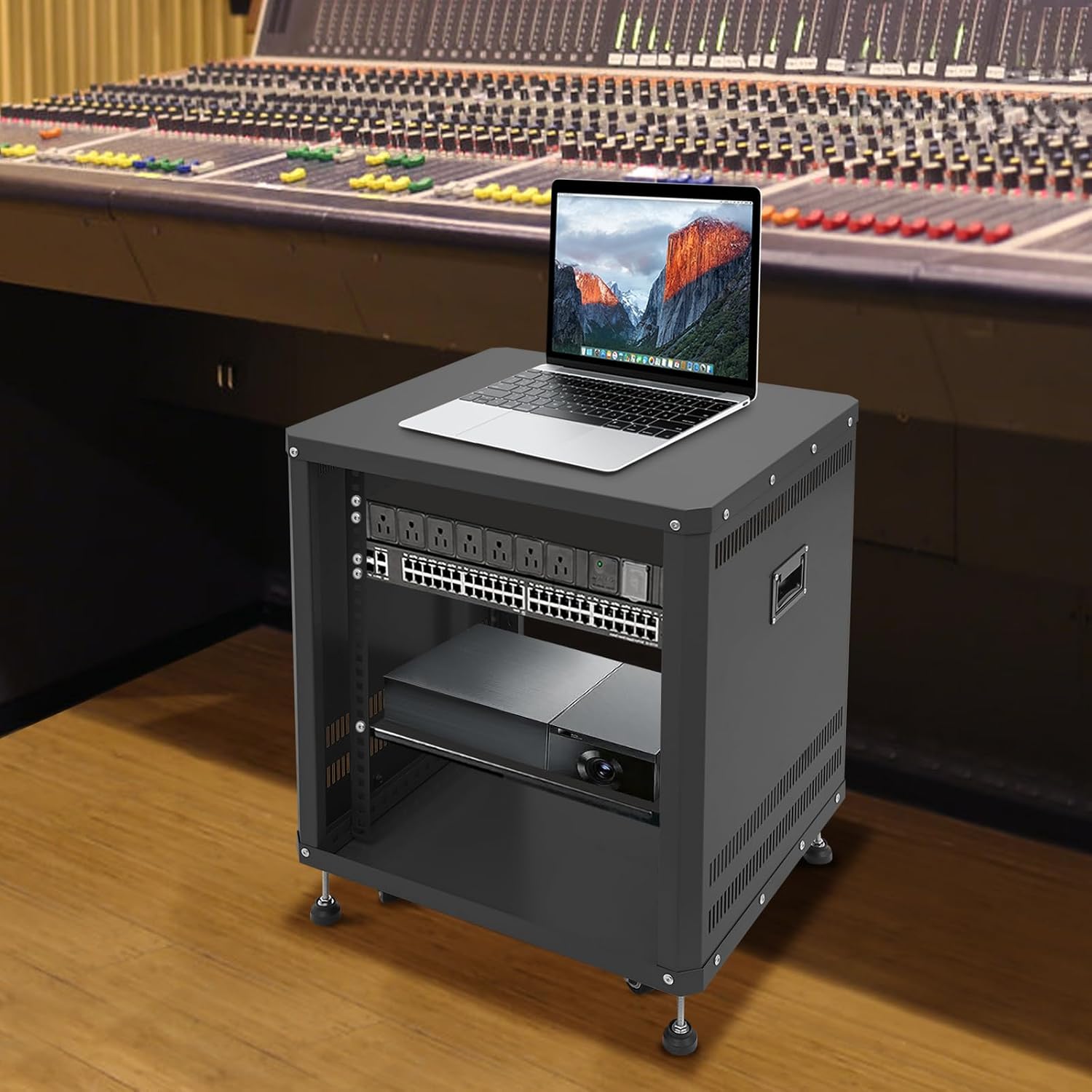 12U Network & Stereo Rack, Steel Open Frame Home Studio Rack with Caster Wheels, Video Stage Stereo Equipment Storage Cabinet Stand On Wheels