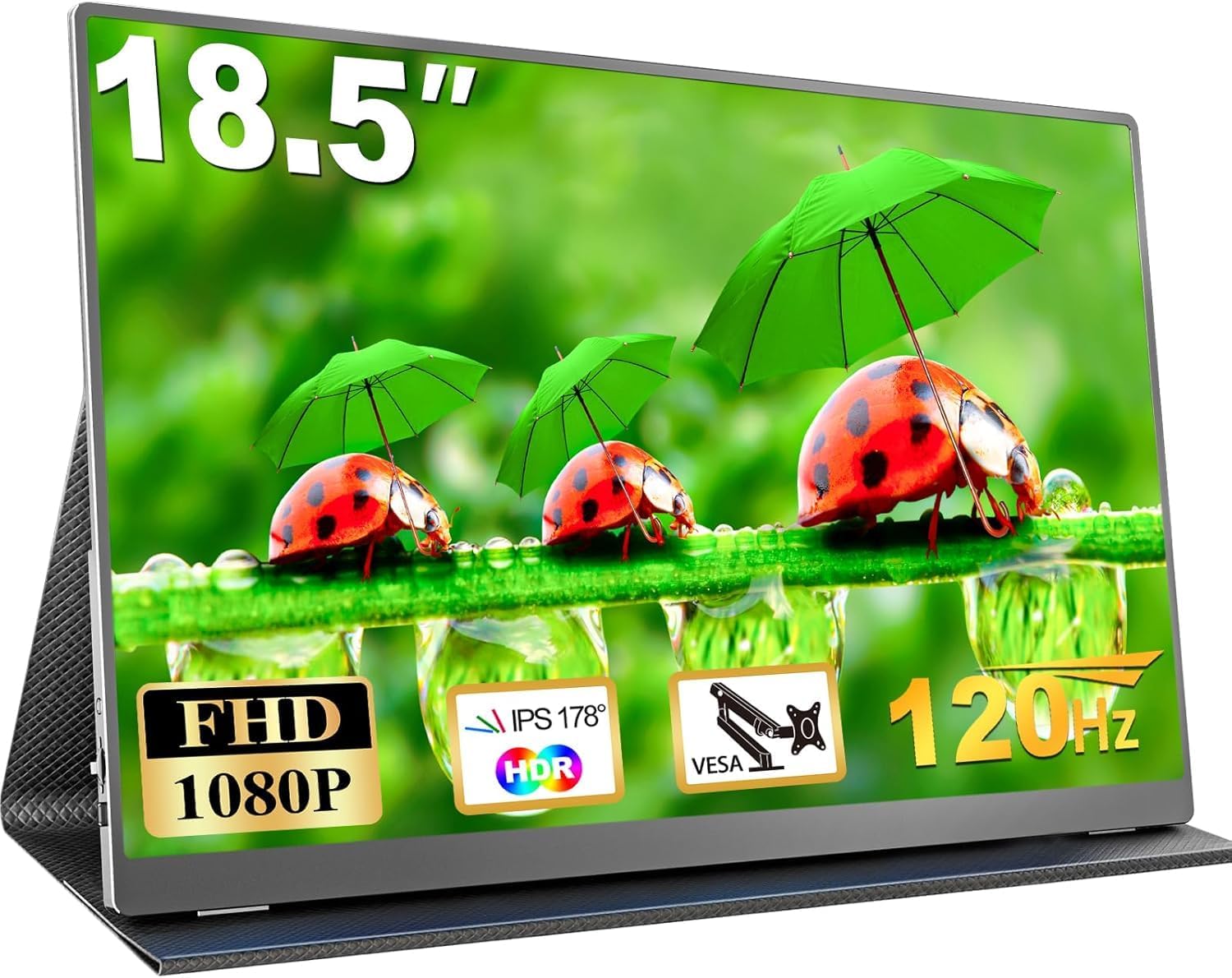 18.5 Inch Portable Monitor, FHD 120Hz IPS HDR 125% sRGB USB-C HDMI External Travel Monitor with Built-in Speakers, VESA Compatible for Laptop MacBook PC Surface PS5 Xbox