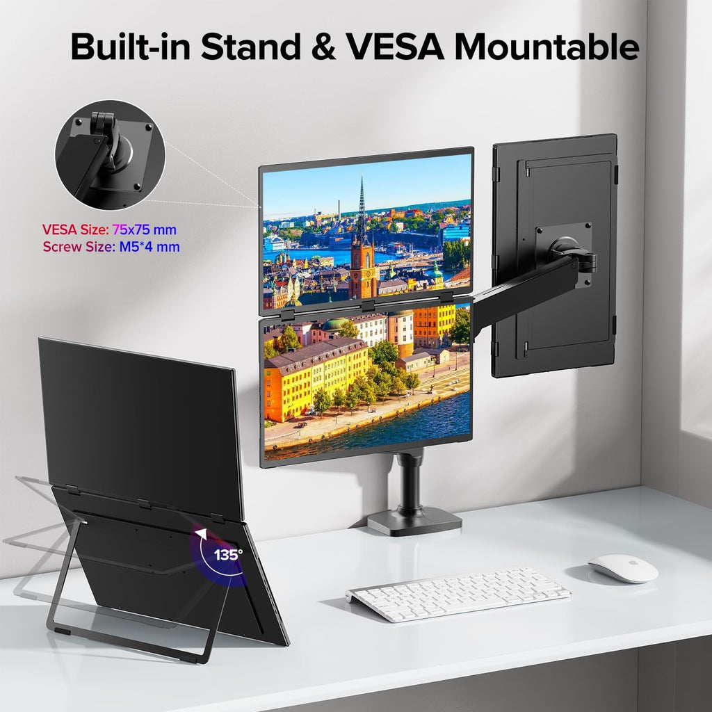 UPERFECT Delta Max 18.5' 100Hz Dual Portable Monitor for Laptop Screen Extender 1080P HDR 360° Folding Stacked Triple Monitor with Stand & VESA for Laptop PC Phone Game Console (No Driver Needed)