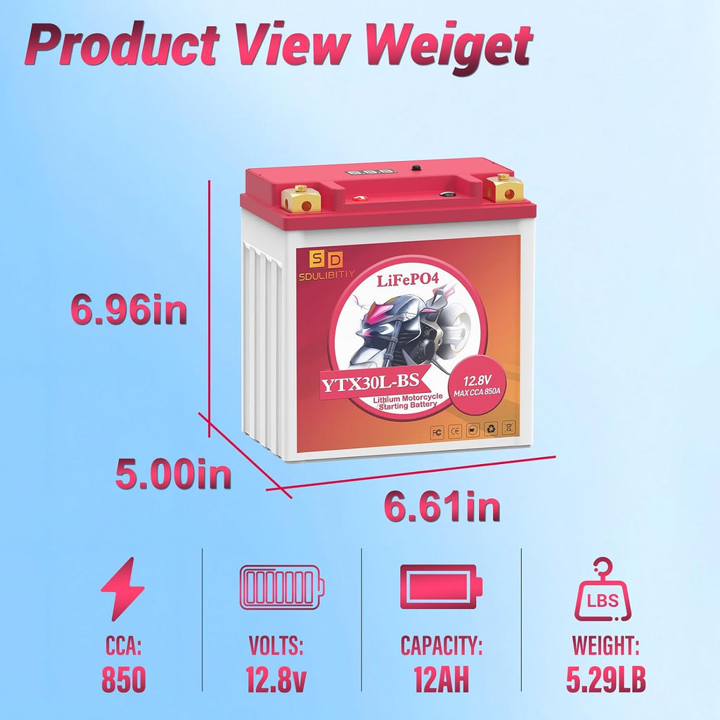 Lithium Motorcycle Battery YTX30L-BS, 12.8V 12AH 850 CCA LiFePO4 Motorcycle Battery, ATV, UTV, Jet Ski, Scooter, Lawn Mower, Tractor, Generator, Riding Lawn Mower Battery