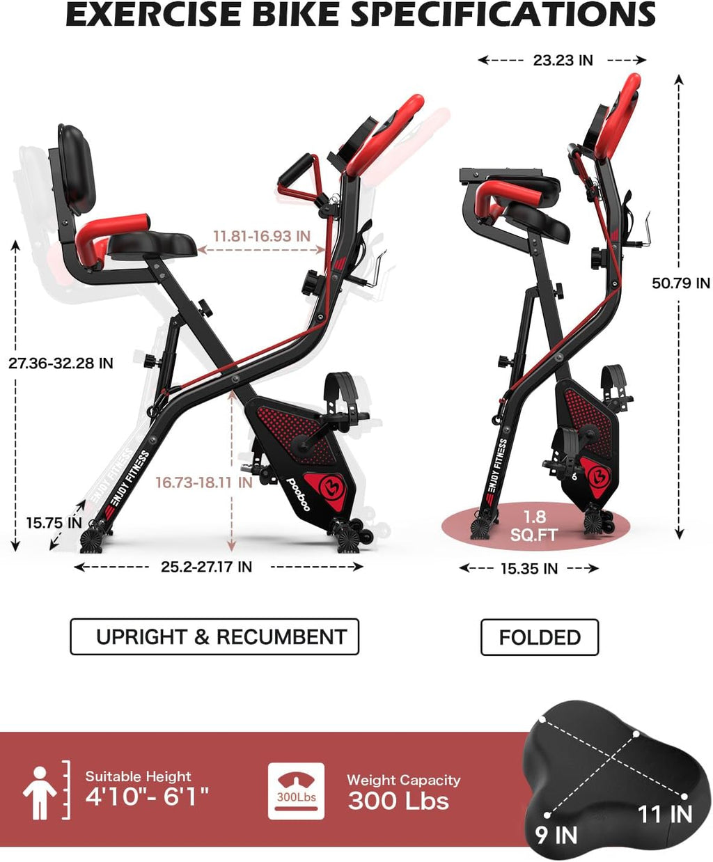 pooboo Folding Exercise Bike, Foldable Upright Stationary Bike, Indoor Cycling Magnetic X-Bike with 8-Level Adjustable Resistance, 6.6 LBS Flywheel, 300LB Capacity, Back Support Cushion for Home Gym