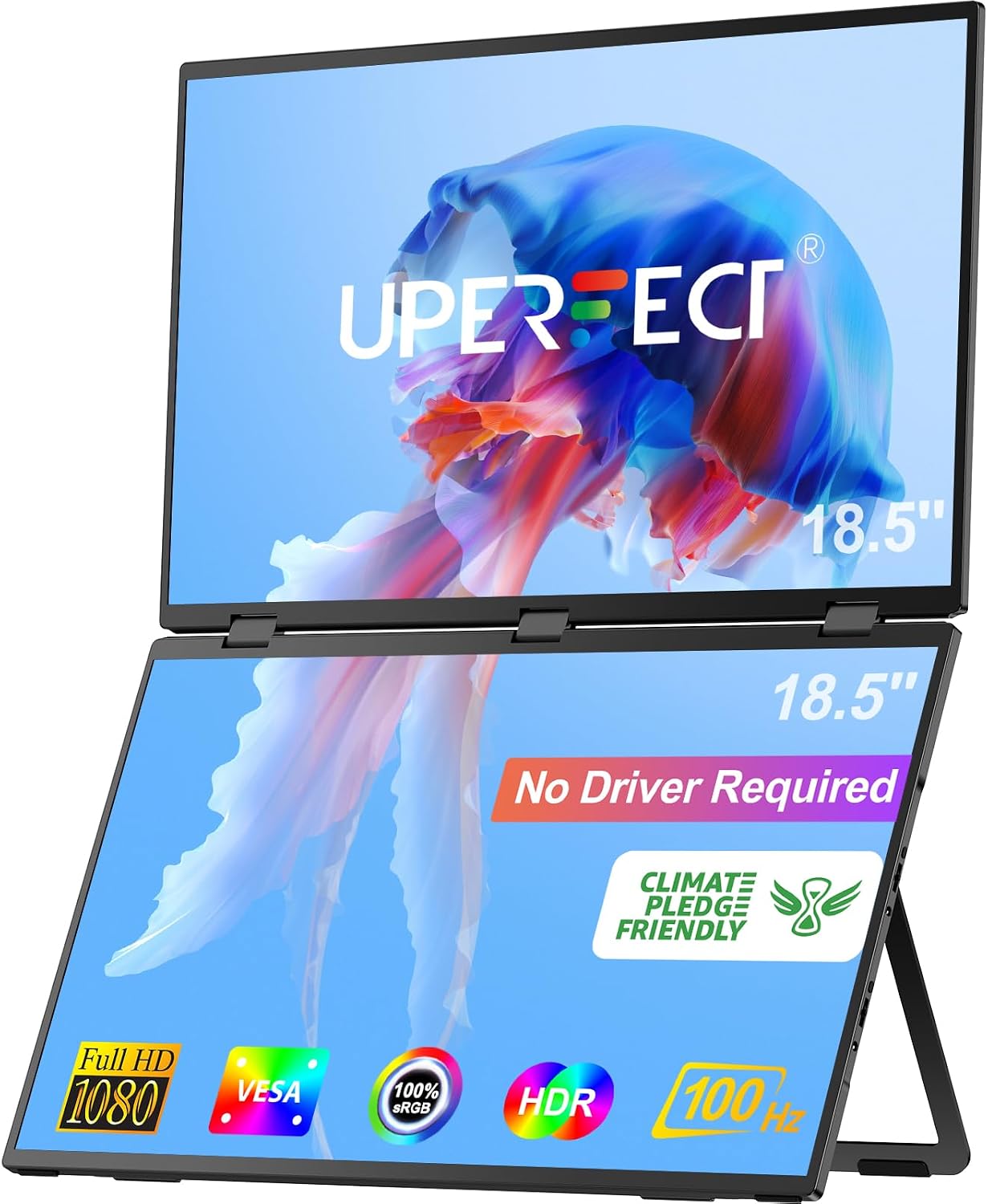 UPERFECT Delta Max 18.5' 100Hz Dual Portable Monitor for Laptop Screen Extender 1080P HDR 360° Folding Stacked Triple Monitor with Stand & VESA for Laptop PC Phone Game Console (No Driver Needed)