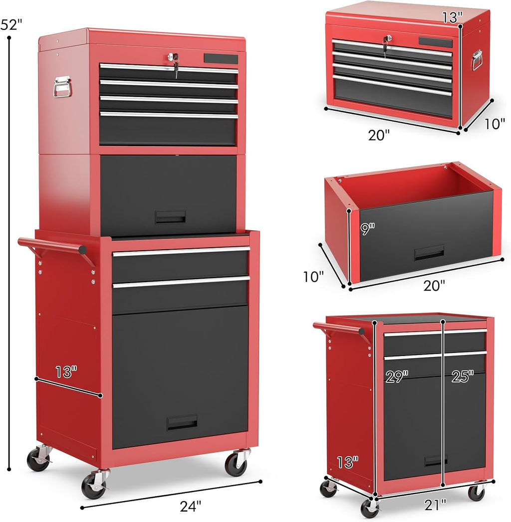 Goplus Tool Chest, 3-in-1 Rolling 6 Drawers Tool Cabinet with Detachable Top Toolbox, Middle Tool Storage, Universal Lockable Wheels, Protective Liner, Auto Lock, Metal Tool Box for Garage Workshop