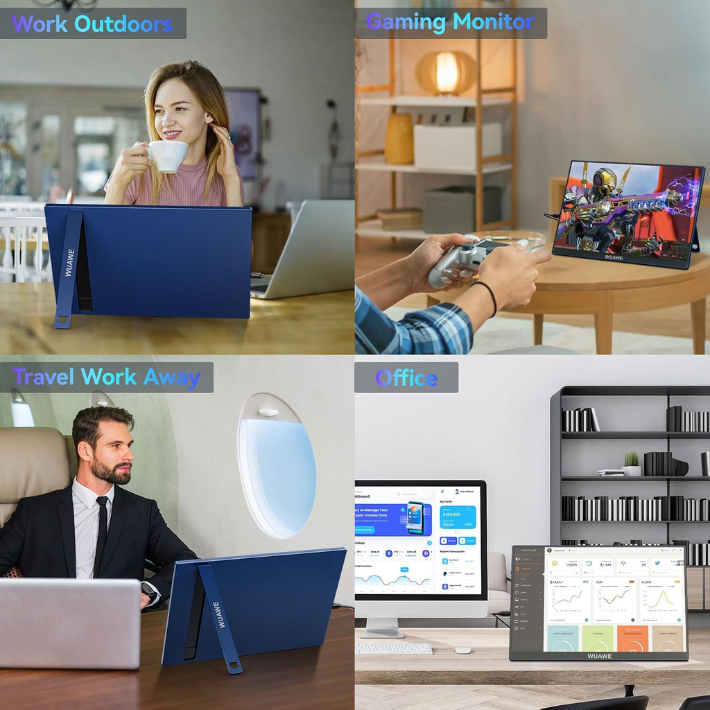 WUAWE 16' 1200P 120Hz Portable Monitor for Laptop, 100% sRGB Portable Laptop Monitor with Built-in Stand, HDR and Freensync, External USB C Monitor for Phone, MacBook, Laptop, PC(Blue)