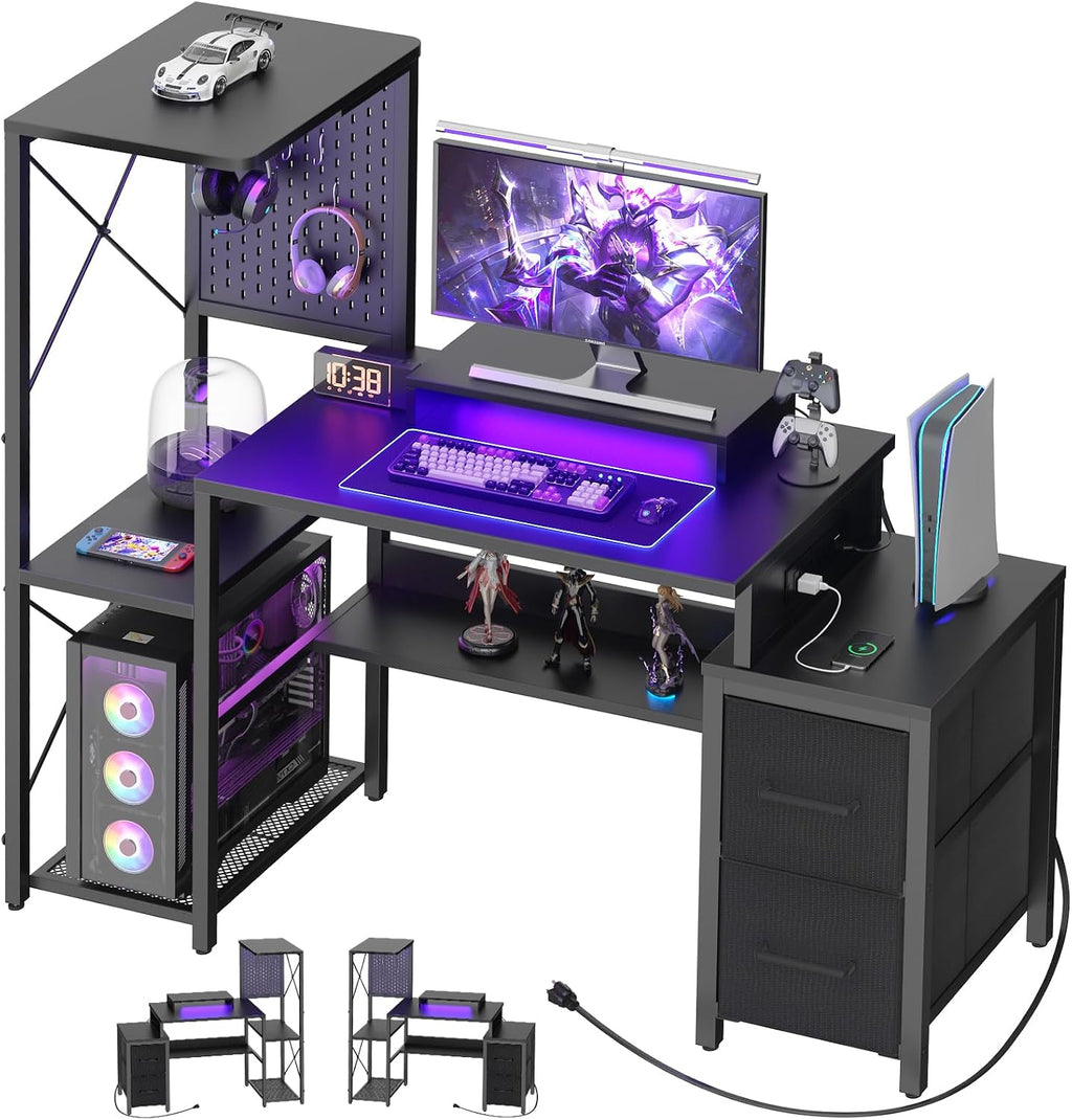 Small Gaming Desk with 2 Fabric Drawers - Reversible Computer Desk with Power Outlet & LED Lights, 49' Office Desk with Monitor Stand & Storage Shelves, Writing Study Table with Pegboard, Black
