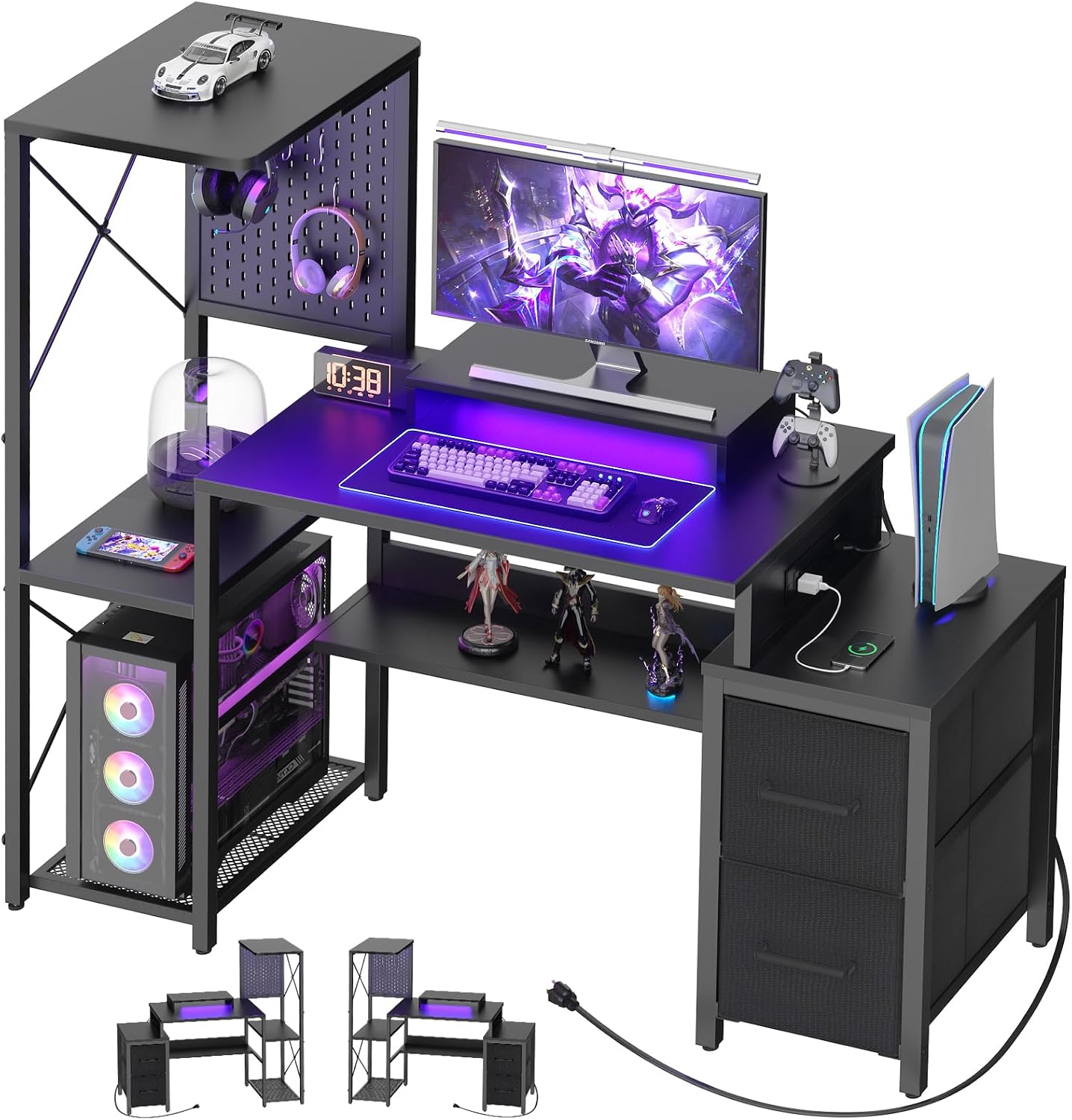 Small Gaming Desk with 2 Fabric Drawers - Reversible Computer Desk with Power Outlet & LED Lights, 49' Office Desk with Monitor Stand & Storage Shelves, Writing Study Table with Pegboard, Black