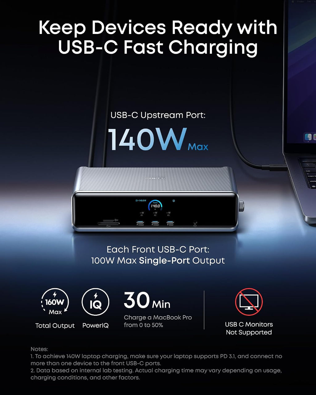 Anker Prime Docking Station (DL7400), 14-Port Triple Display with DisplayLink, 140W Max, Smart Display, Triple 4K 60Hz, Cooling Fan, for macOS and Windows (The Latest DisplayLink Driver Required)