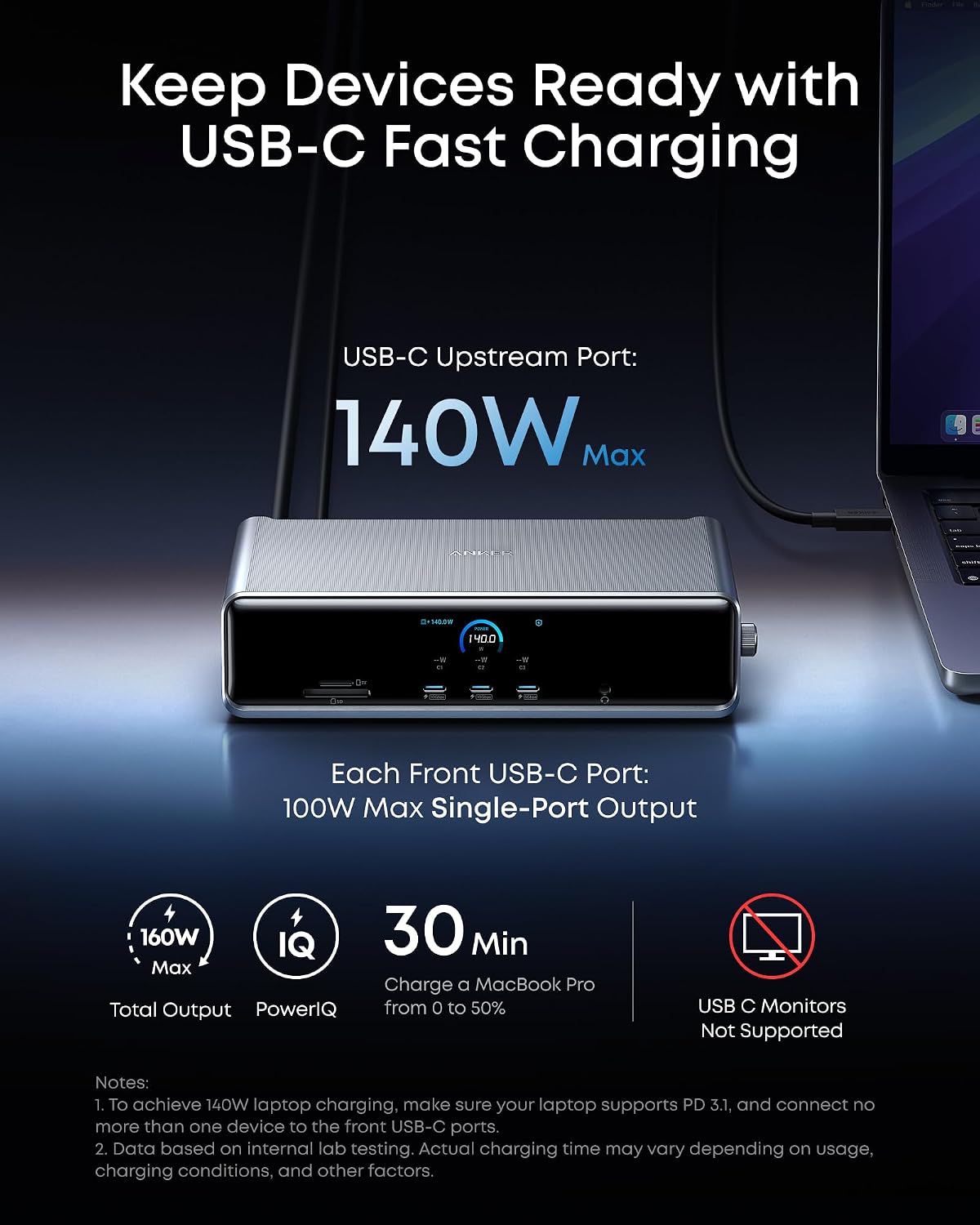 Anker Prime Docking Station (DL7400), 14-Port Triple Display with DisplayLink, 140W Max, Smart Display, Triple 4K 60Hz, Cooling Fan, for macOS and Windows (The Latest DisplayLink Driver Required)