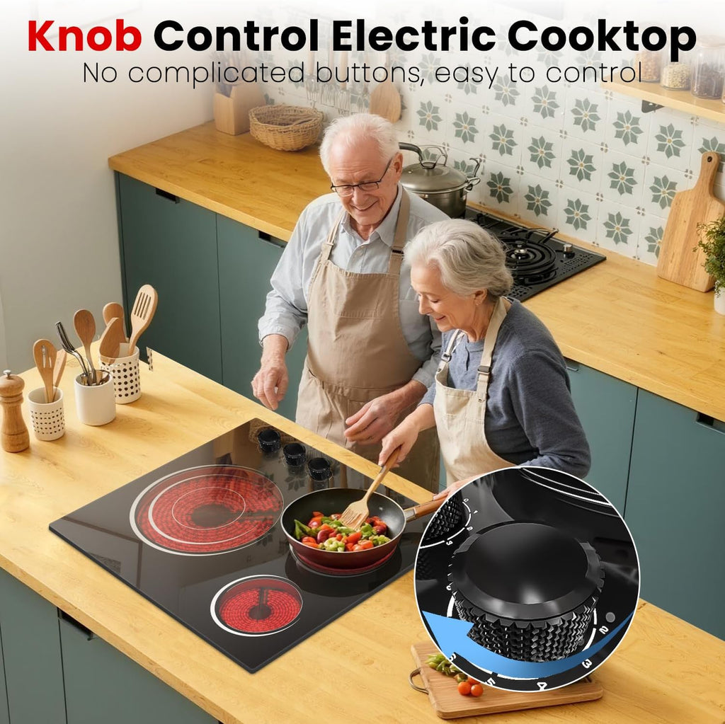 Electric Cooktop 24 Inch - 5700W 3 Burner Electric Stove with Knob Conrol, 220-240V Electrics Stove Top 24'', Built-in, Automatic Shutdown & 9 Heating Levels, Residual Heat Warning, Hard Wire